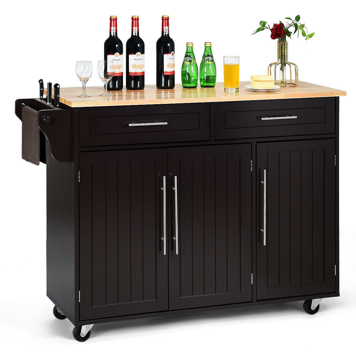 Rolling Kitchen Island Cart with Wood Top Storage Cabinets Drawers and Knife Block - Brown