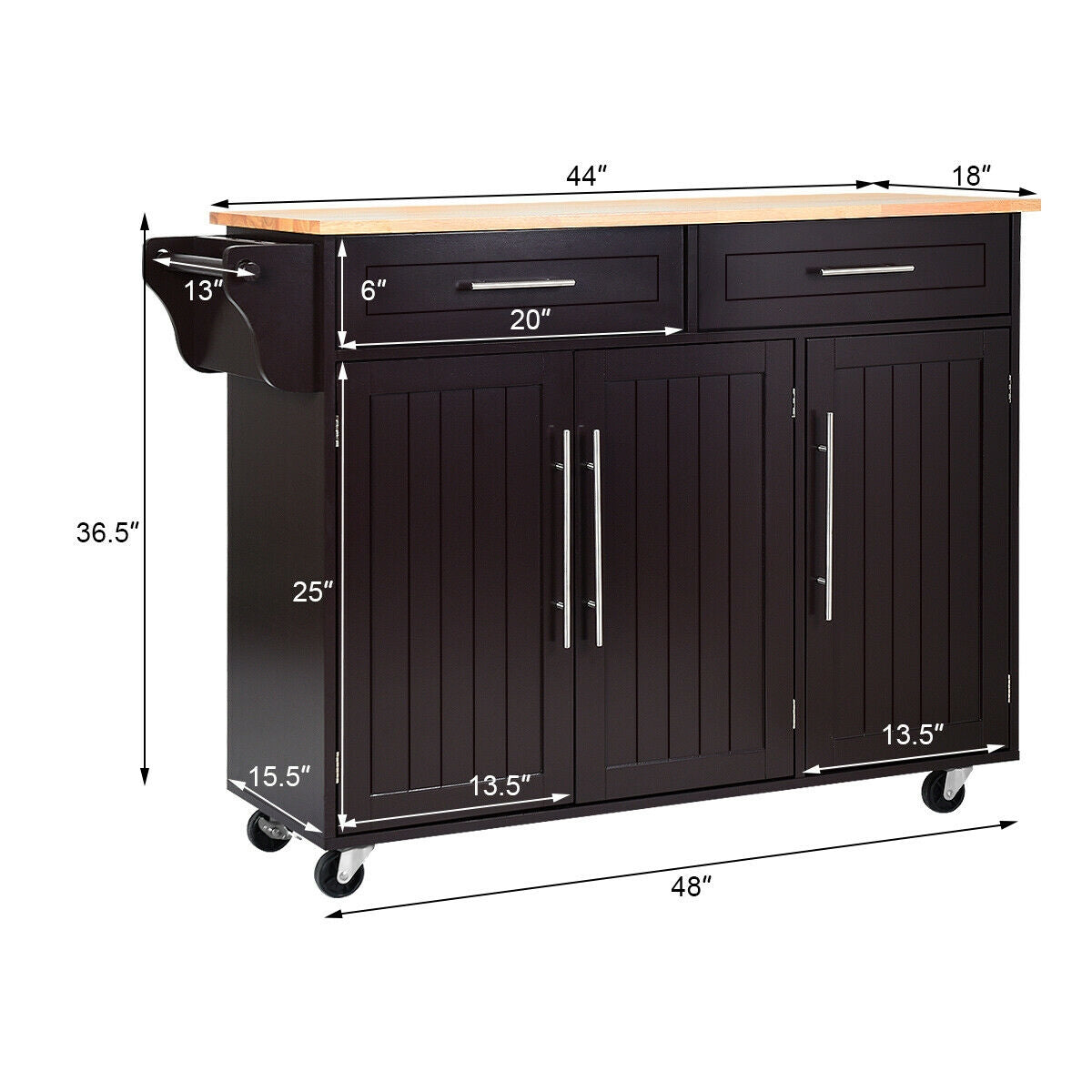 Rolling Kitchen Island Cart with Wood Top Storage Cabinets Drawers and Knife Block - Brown