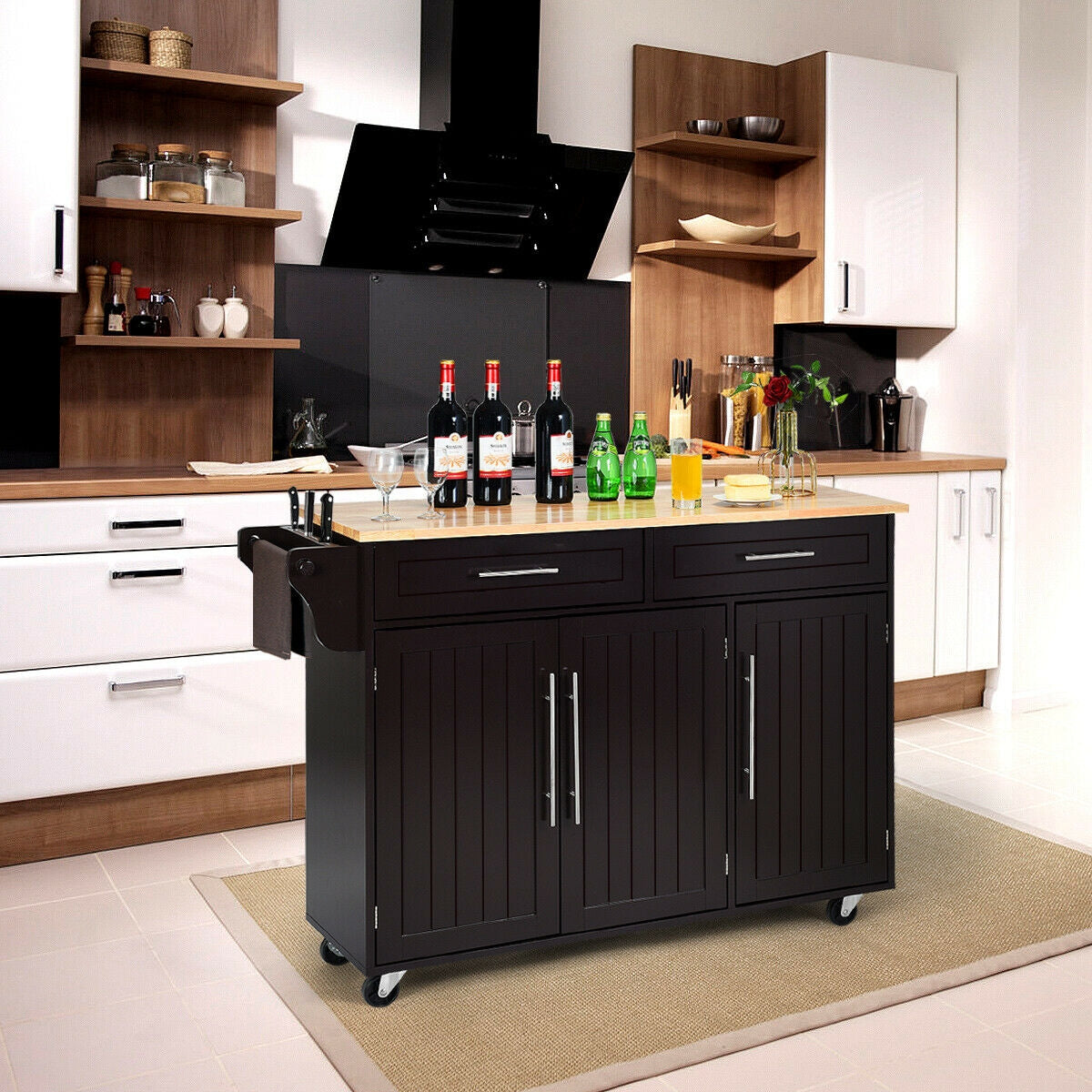 Rolling Kitchen Island Cart with Wood Top Storage Cabinets Drawers and Knife Block - Brown