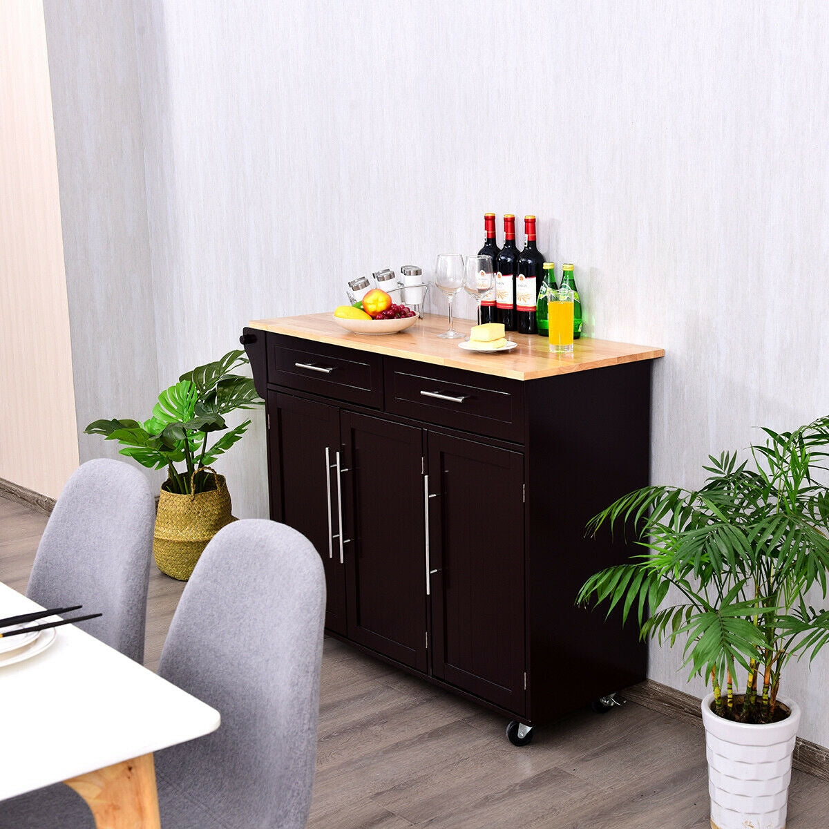 Rolling Kitchen Island Cart with Wood Top Storage Cabinets Drawers and Knife Block - Brown
