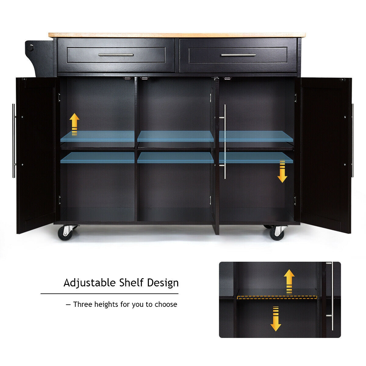 Rolling Kitchen Island Cart with Wood Top Storage Cabinets Drawers and Knife Block - Brown