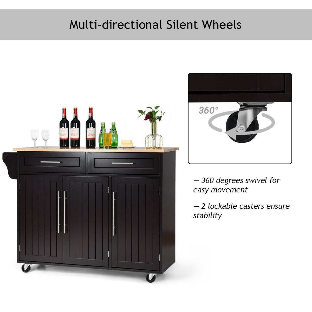 Rolling Kitchen Island Cart with Wood Top Storage Cabinets Drawers and Knife Block - Brown