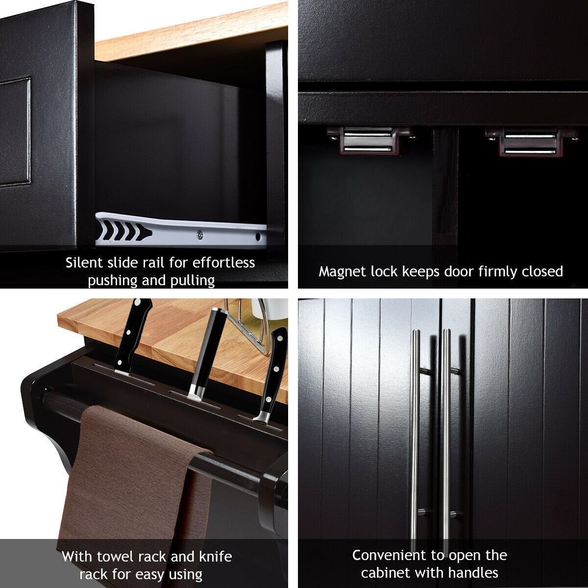 Rolling Kitchen Island Cart with Wood Top Storage Cabinets Drawers and Knife Block - Brown