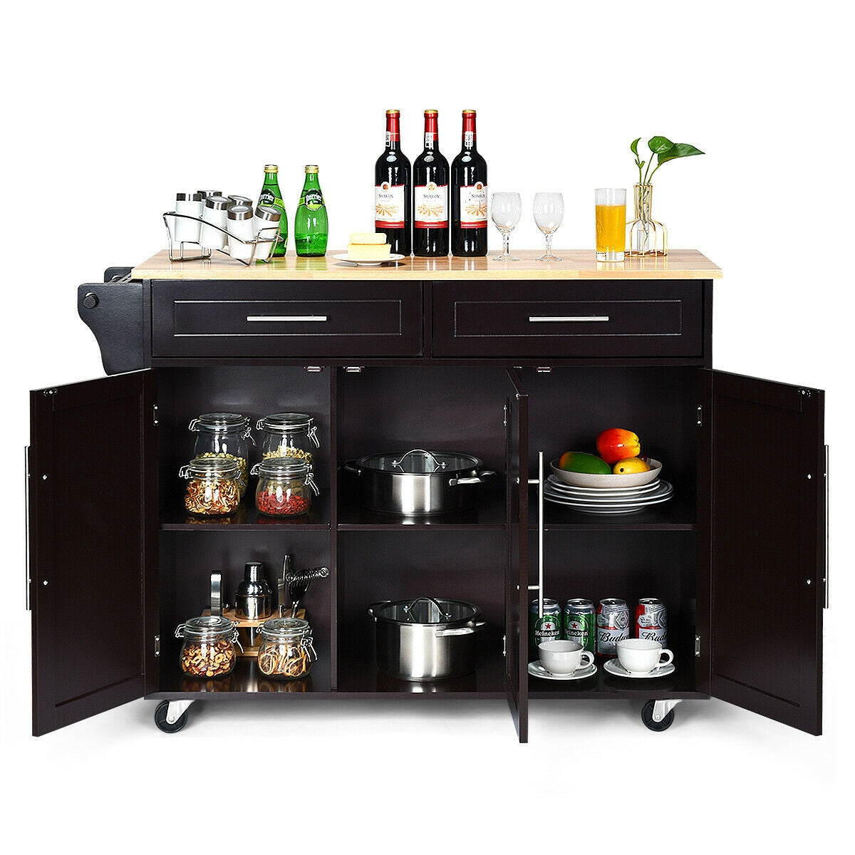 Rolling Kitchen Island Cart with Wood Top Storage Cabinets Drawers and Knife Block - Brown