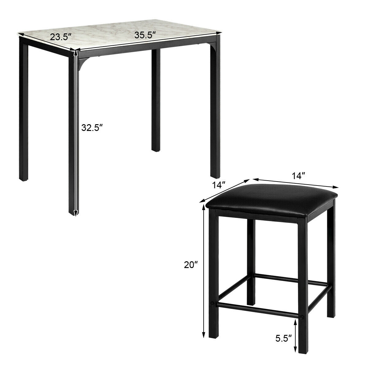 3 Piece Counter Height Dining Set with Metal Frame and Faux Marble Table - White