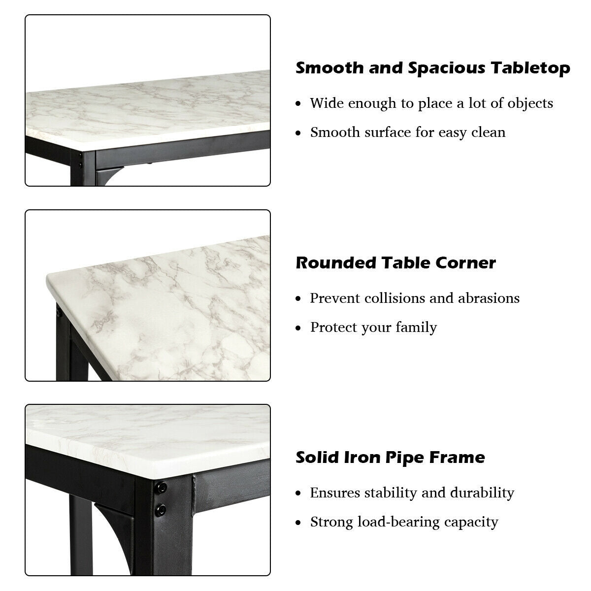 3 Piece Counter Height Dining Set with Metal Frame and Faux Marble Table - White