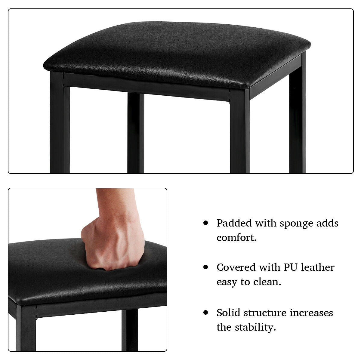 Black stool with padding and stability features, shown with a hand on the seat.