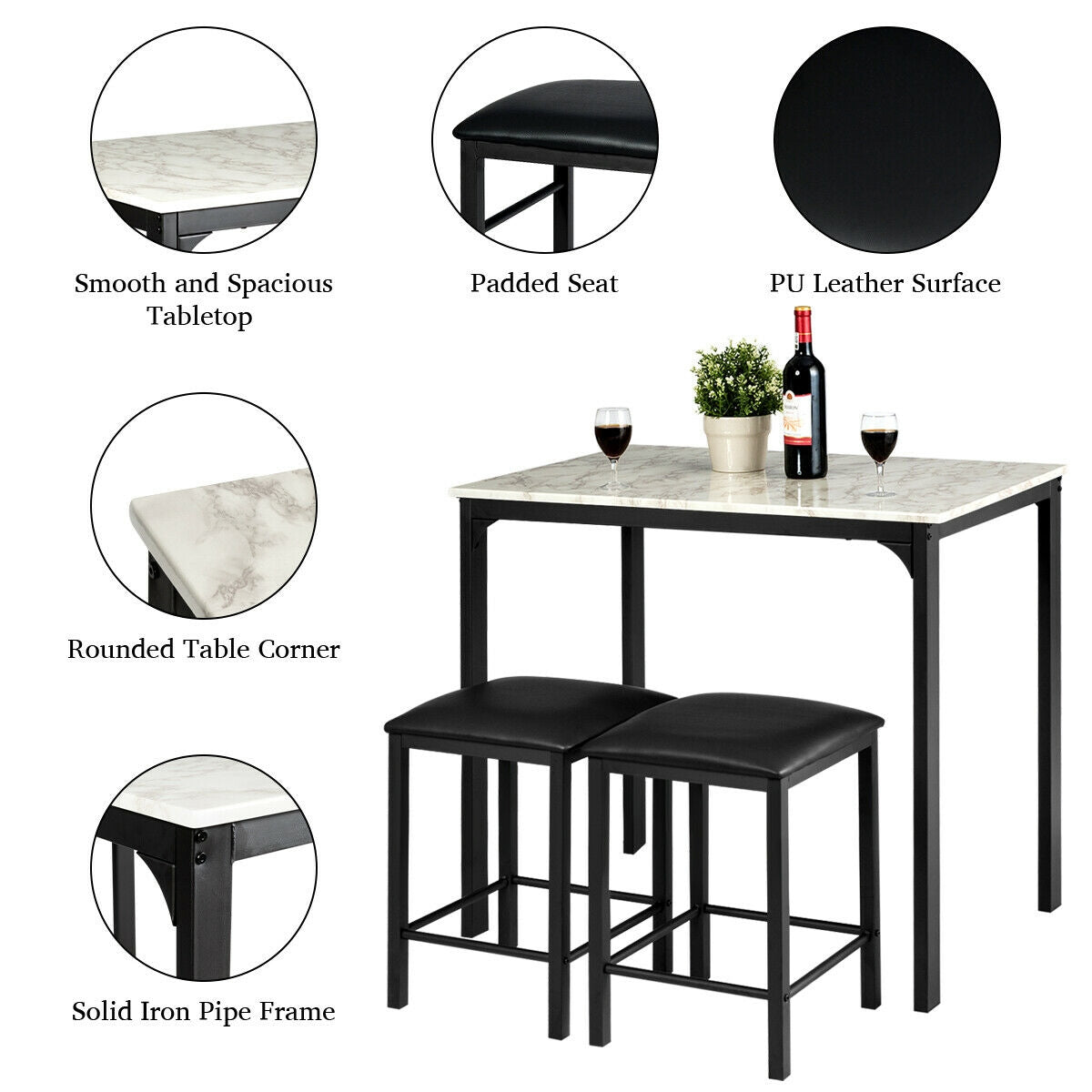 3 Piece Counter Height Dining Set with Metal Frame and Faux Marble Table - White