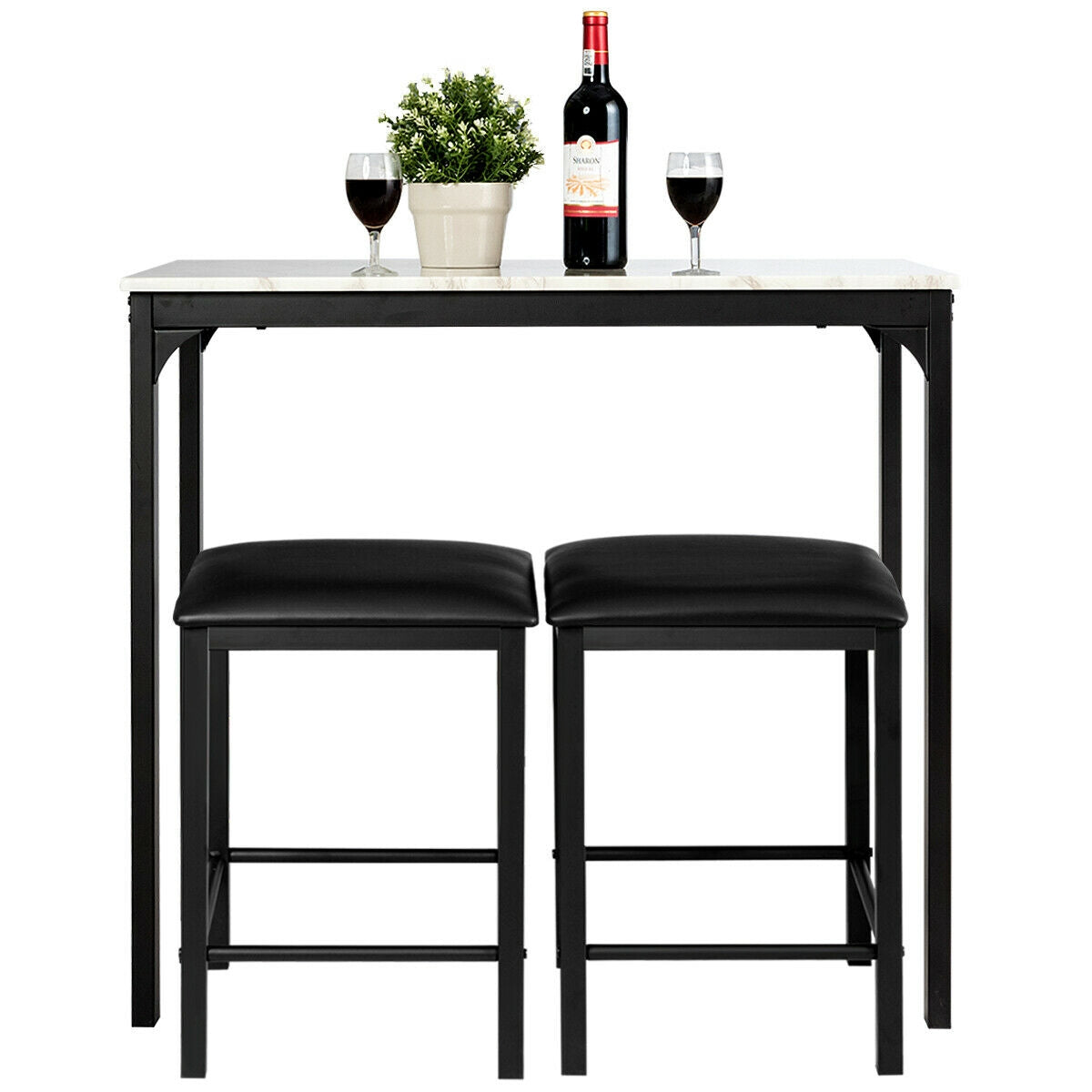 3 Piece Counter Height Dining Set with Metal Frame and Faux Marble Table - White