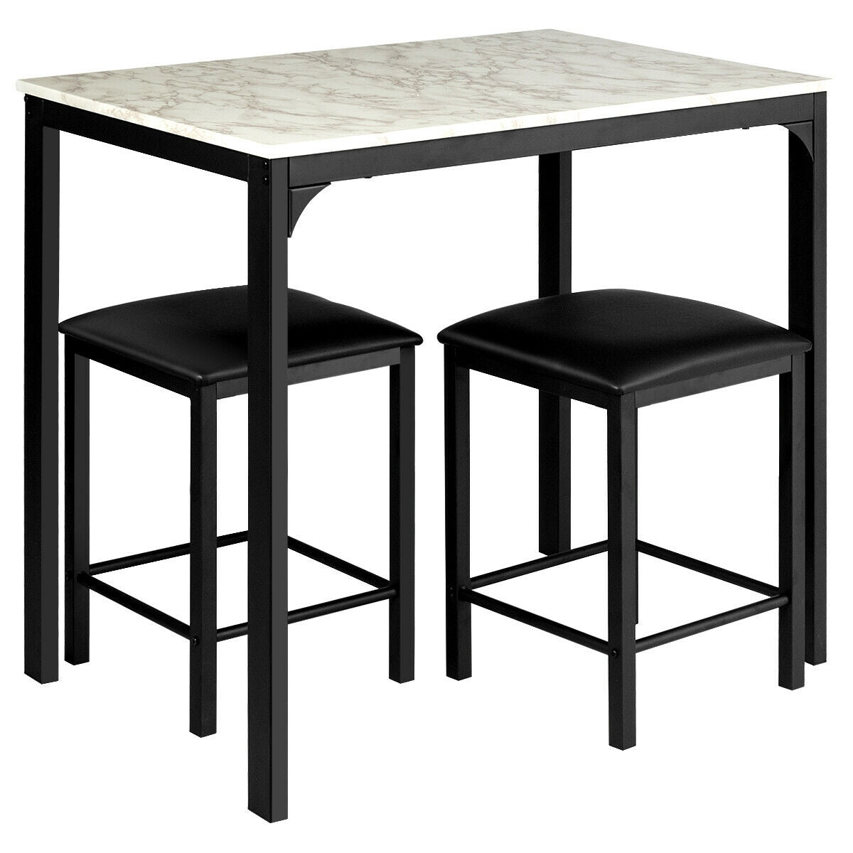 3 Piece Counter Height Dining Set with Metal Frame and Faux Marble Table - White