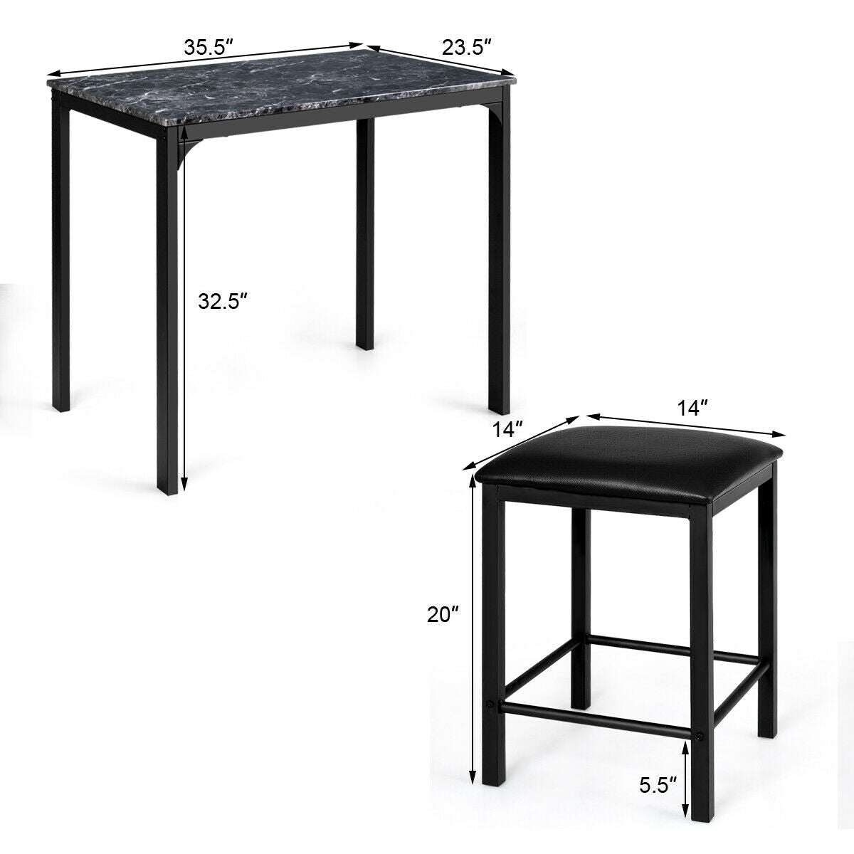 3 Piece Counter Height Dining Set with Metal Frame and Faux Marble Table - Black