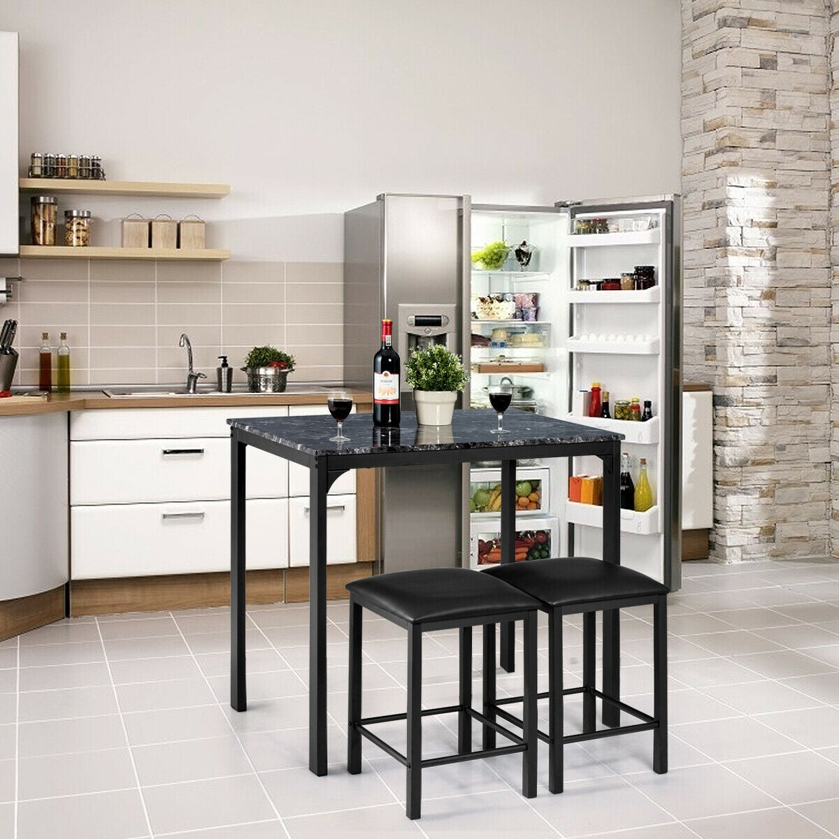 3 Piece Counter Height Dining Set with Metal Frame and Faux Marble Table - Black