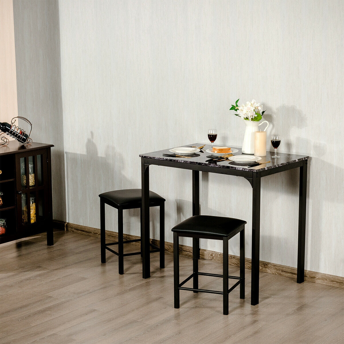 3 Piece Counter Height Dining Set with Metal Frame and Faux Marble Table - Black