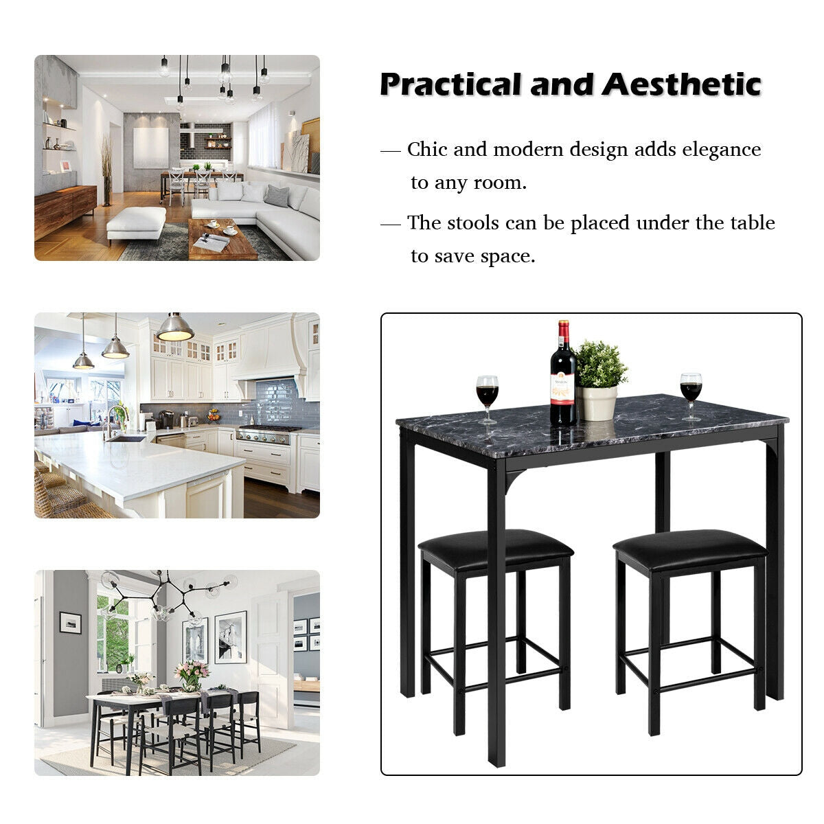 3 Piece Counter Height Dining Set with Metal Frame and Faux Marble Table - Black