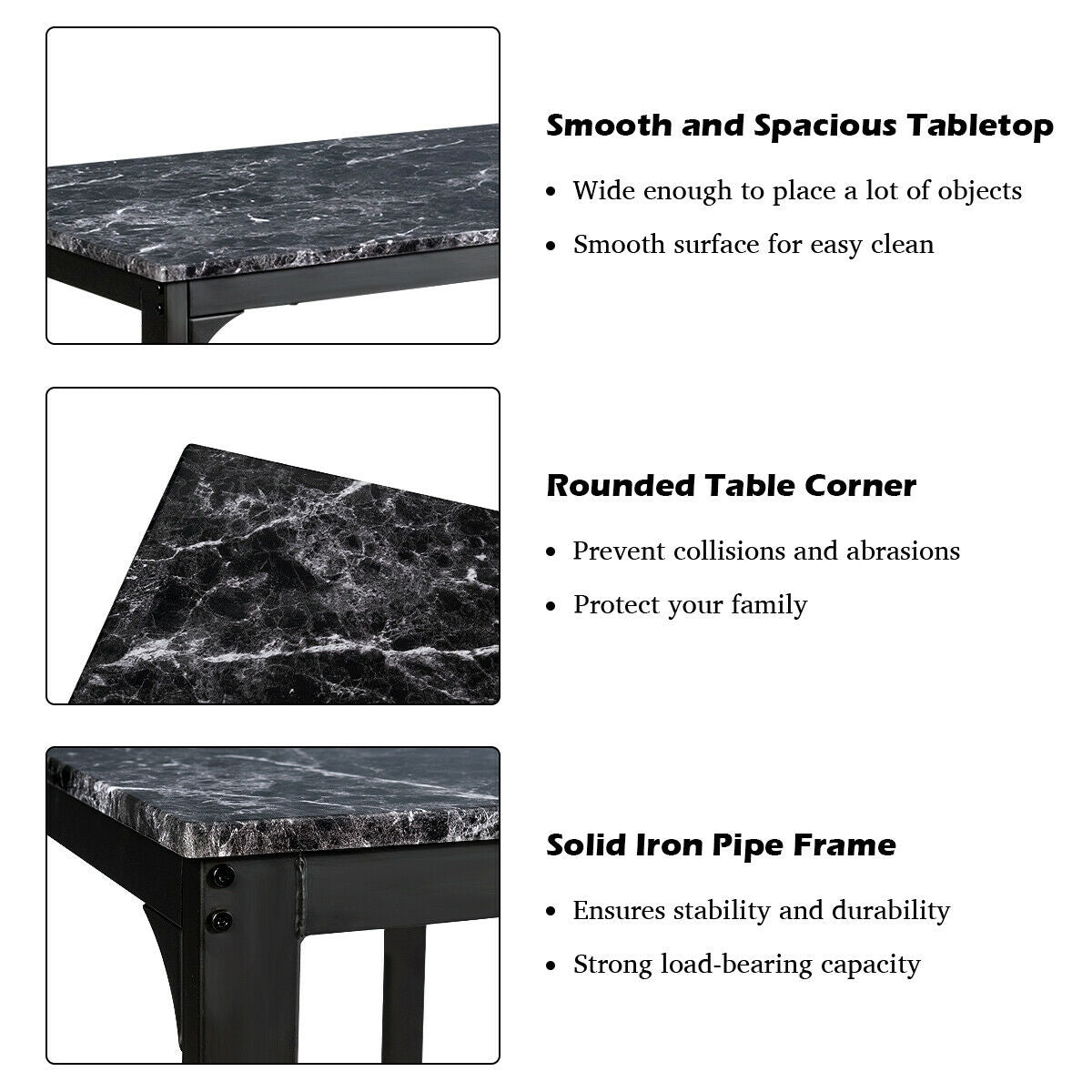 3 Piece Counter Height Dining Set with Metal Frame and Faux Marble Table - Black
