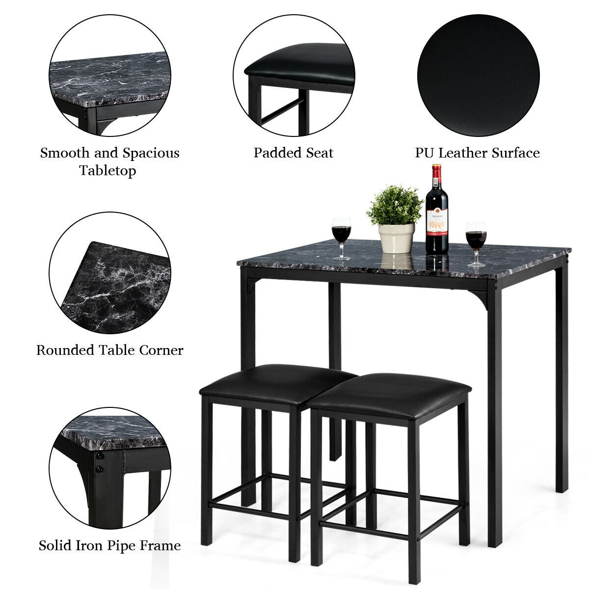 3 Piece Counter Height Dining Set with Metal Frame and Faux Marble Table - Black