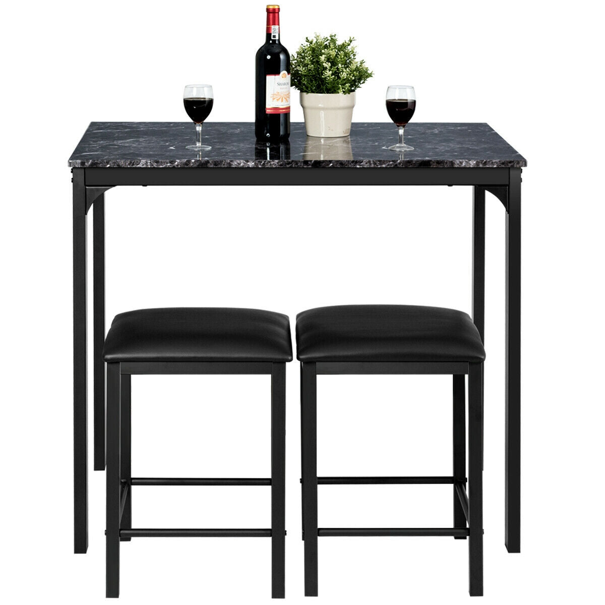 3 Piece Counter Height Dining Set with Metal Frame and Faux Marble Table - Black