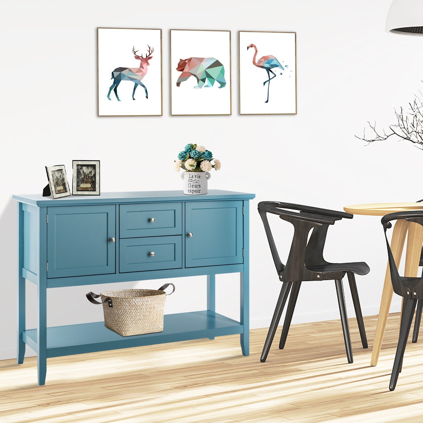 Modern Console Sideboard Table with Open Shelf and Drawers - Blue