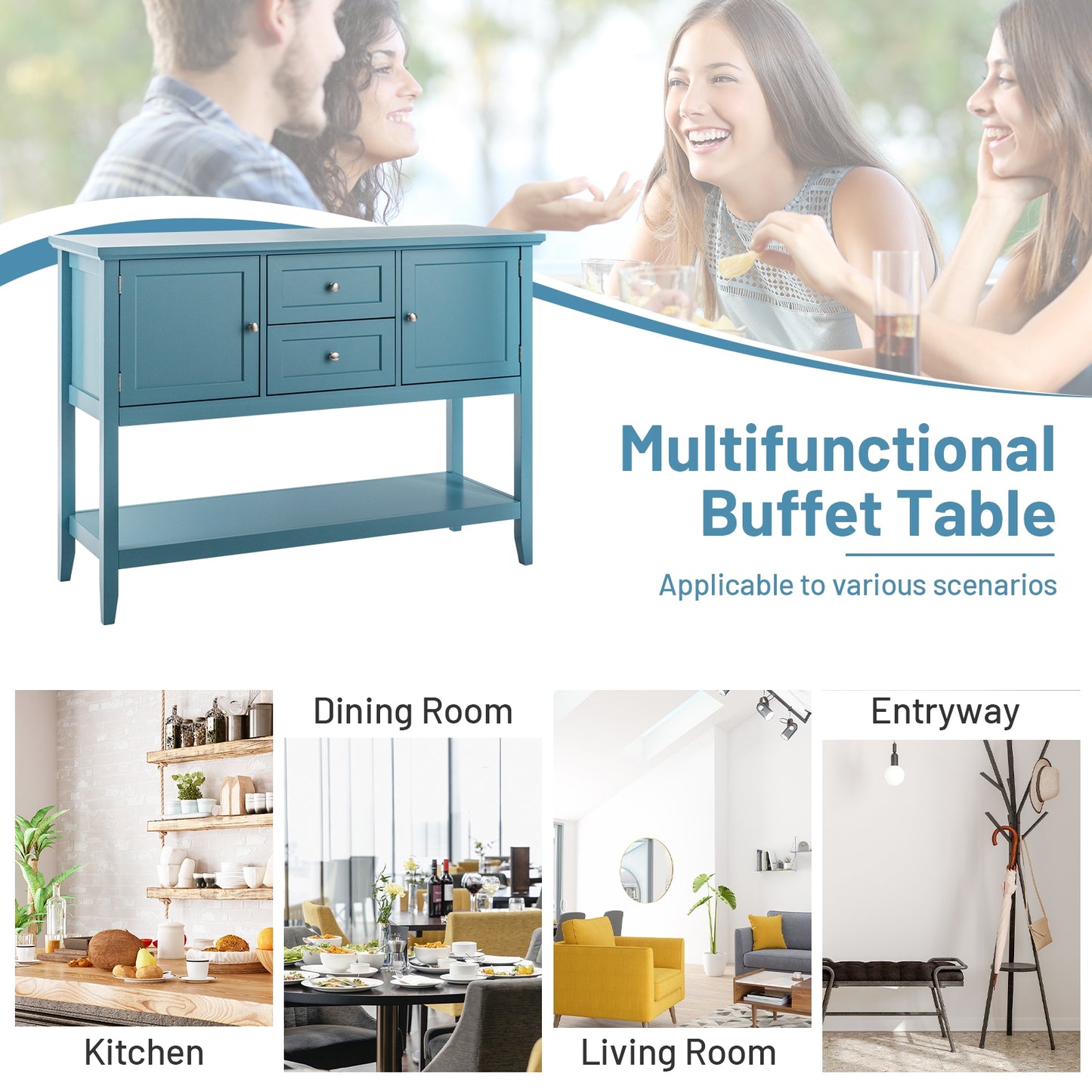 Modern Console Sideboard Table with Open Shelf and Drawers - Blue