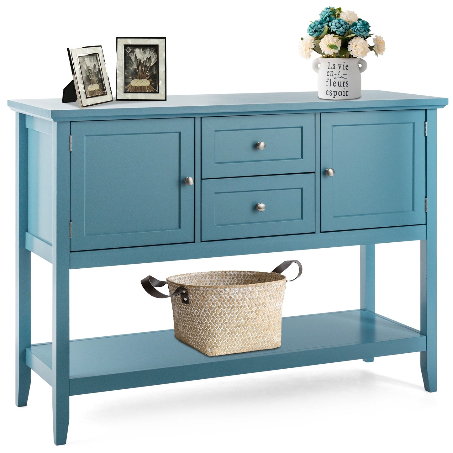 Modern Console Sideboard Table with Open Shelf and Drawers - Blue