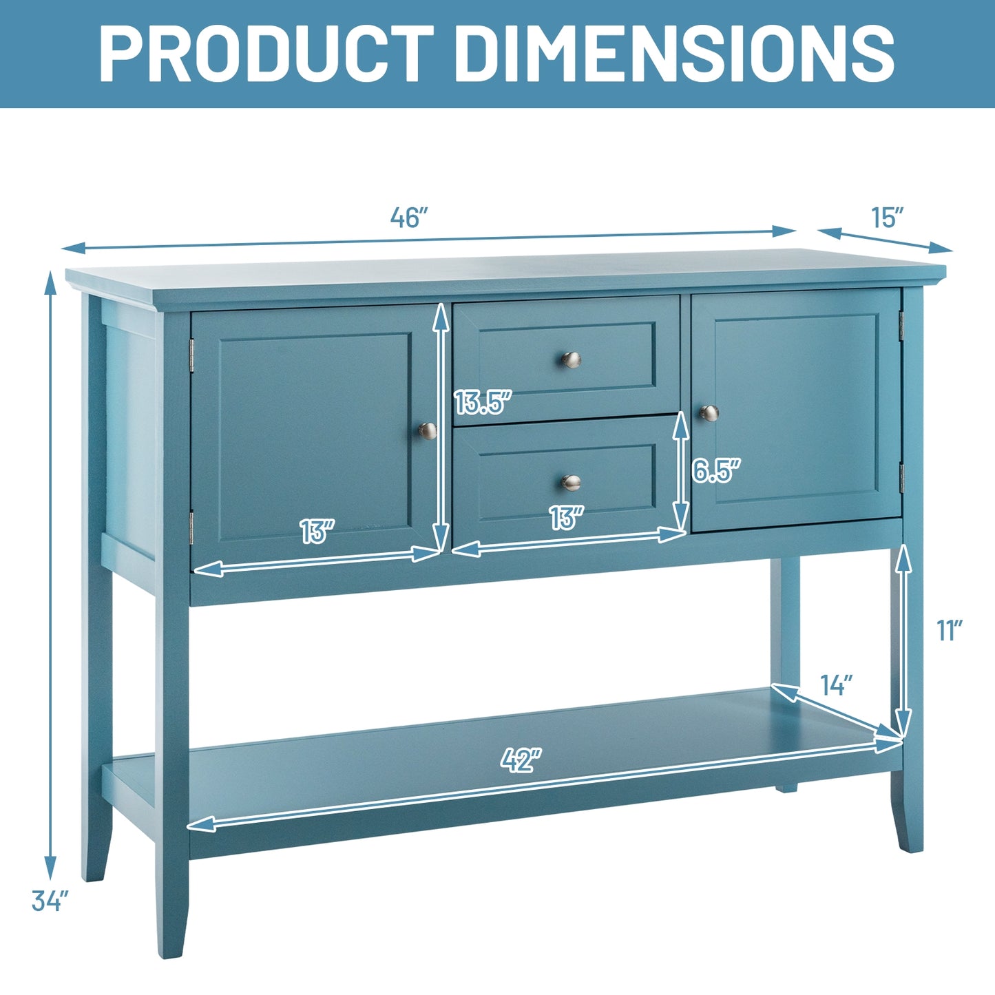 Modern Console Sideboard Table with Open Shelf and Drawers - Blue