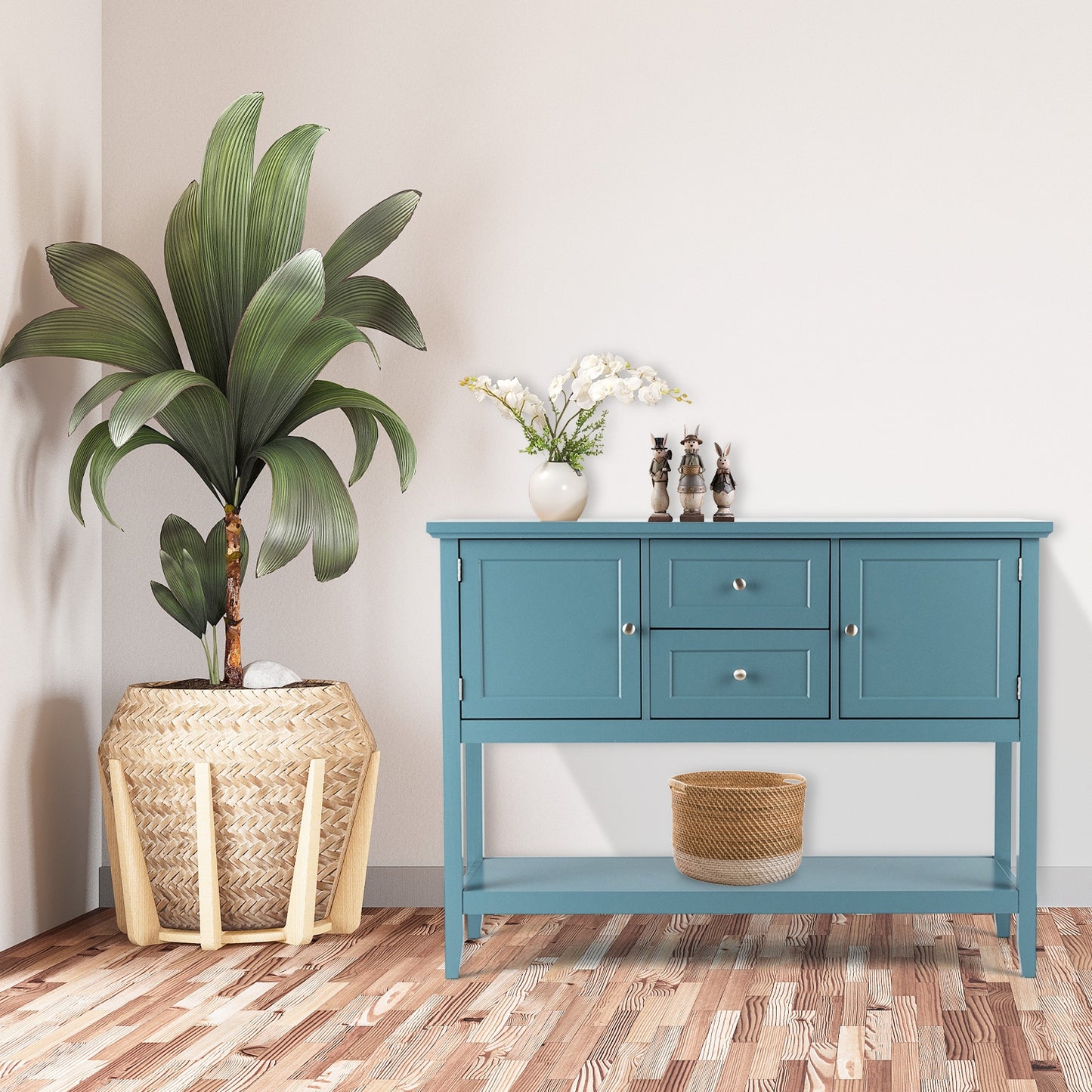 Modern Console Sideboard Table with Open Shelf and Drawers - Blue