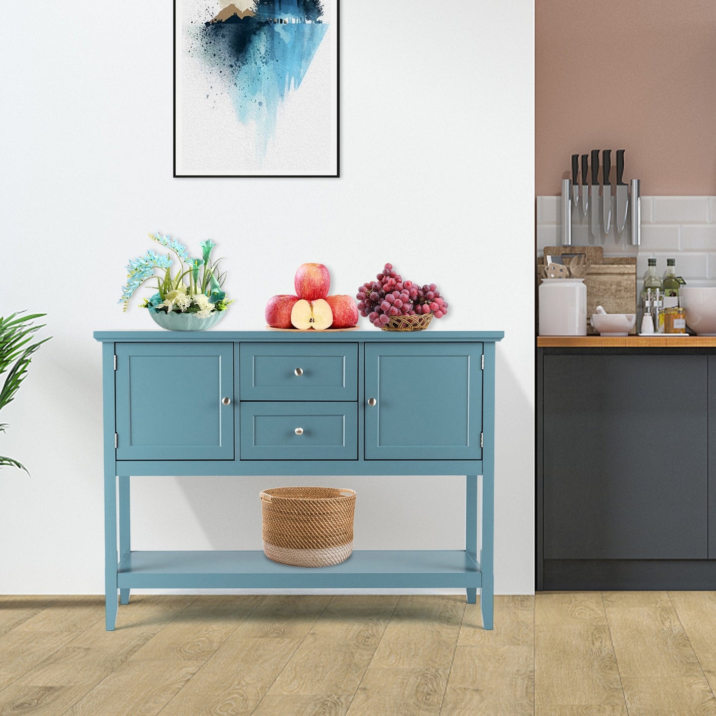 Modern Console Sideboard Table with Open Shelf and Drawers - Blue