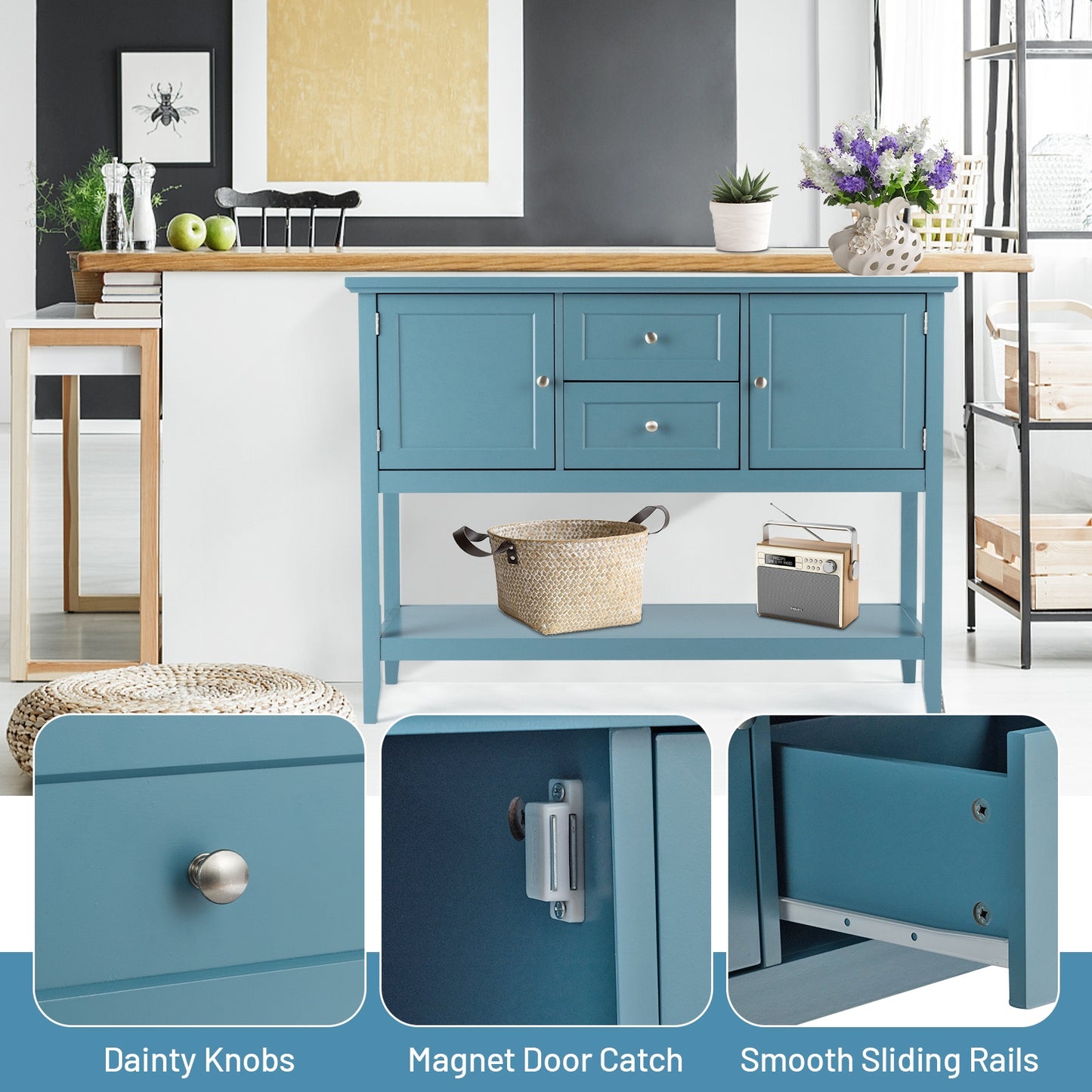 Modern Console Sideboard Table with Open Shelf and Drawers - Blue