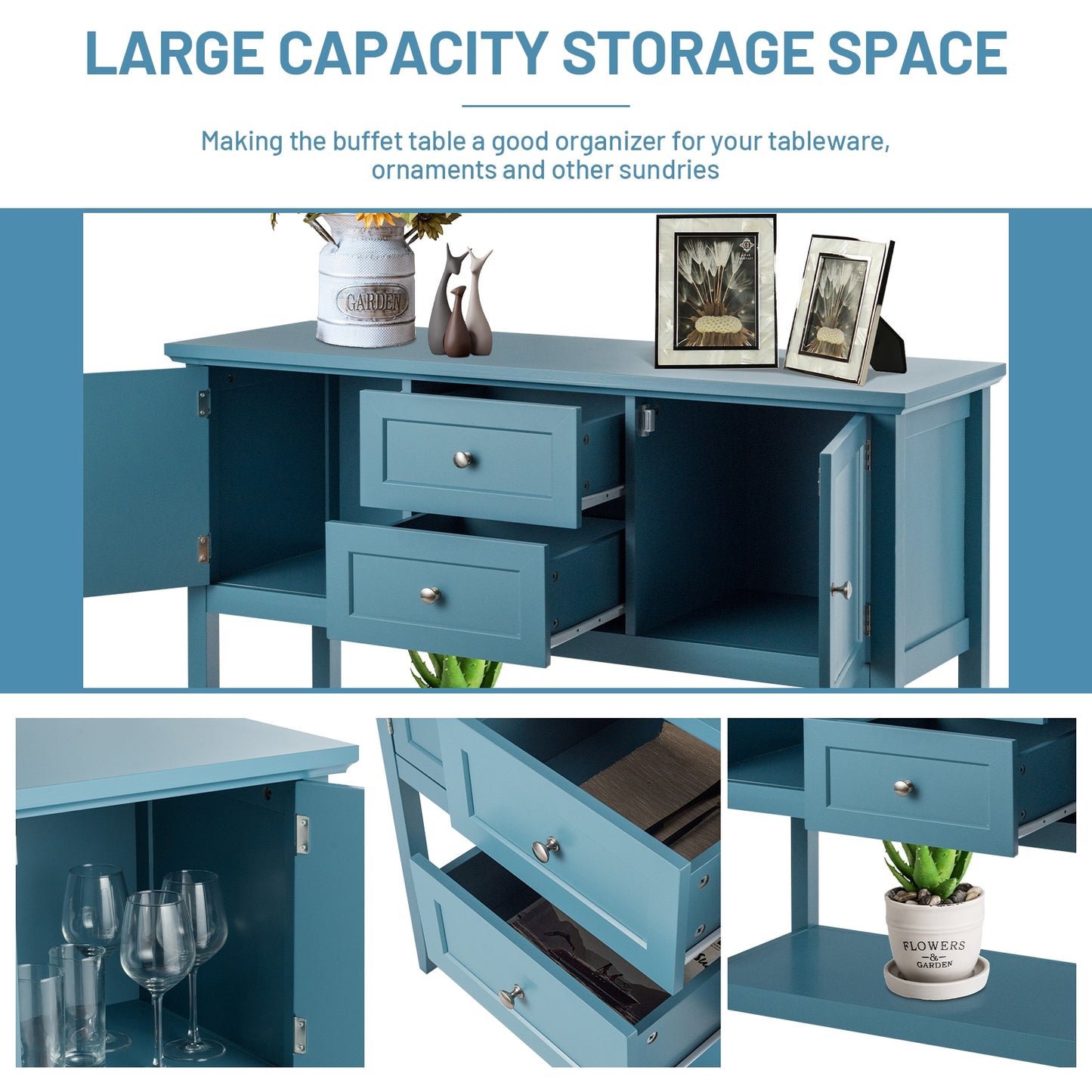 Modern Console Sideboard Table with Open Shelf and Drawers - Blue