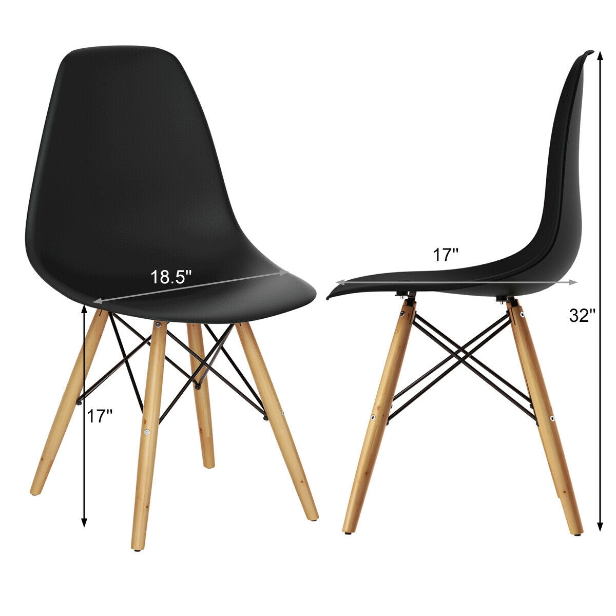 Mid-Century Modern Dining Chairs with Wooden Legs Black, Set of 2