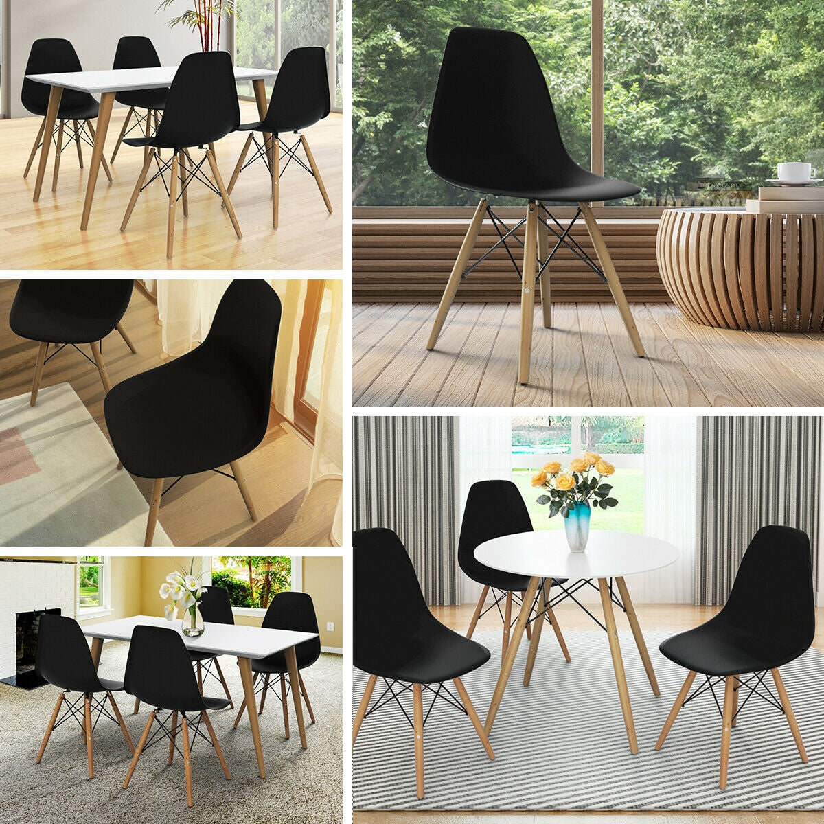 Mid-Century Modern Dining Chairs with Wooden Legs Black, Set of 2