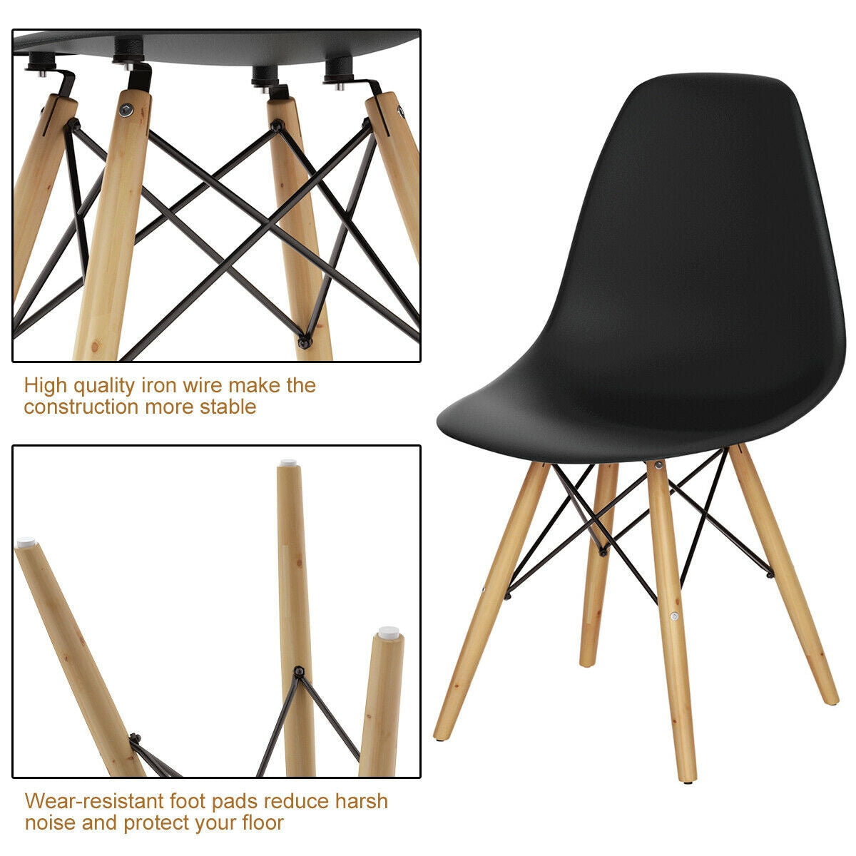 Mid-Century Modern Dining Chairs with Wooden Legs Black, Set of 2