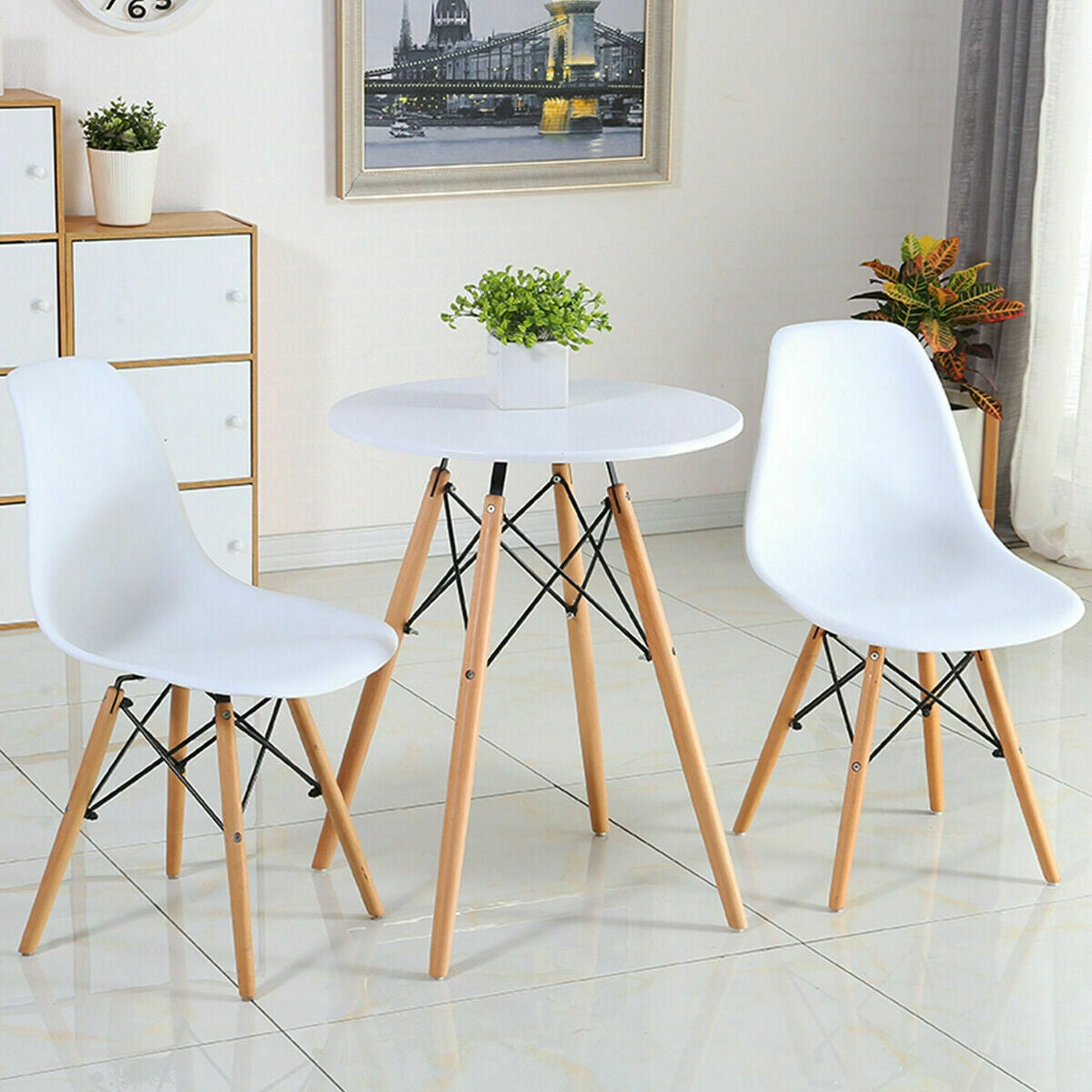Mid-Century Modern Dining Chairs with Wooden Legs White, Set of 2