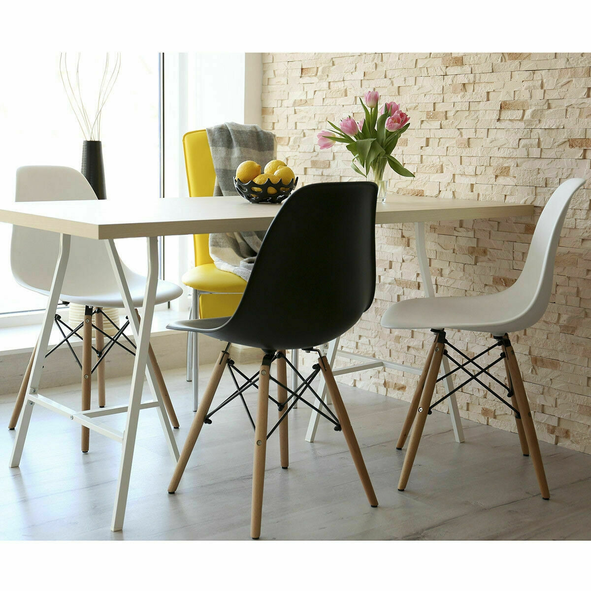 Mid-Century Modern Dining Chairs with Wooden Legs White, Set of 2