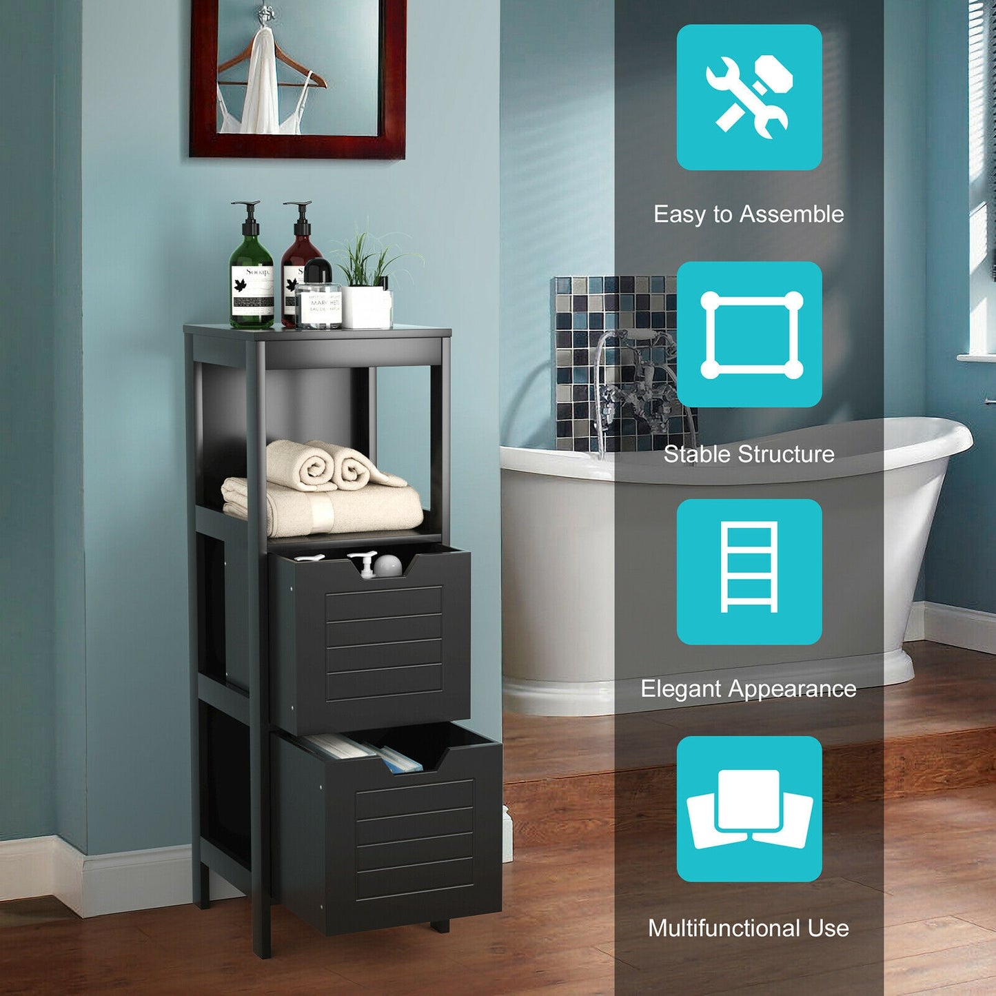 Elegant Wooden Bathroom Floor Cabinet with Multifunctional Storage & Organizer