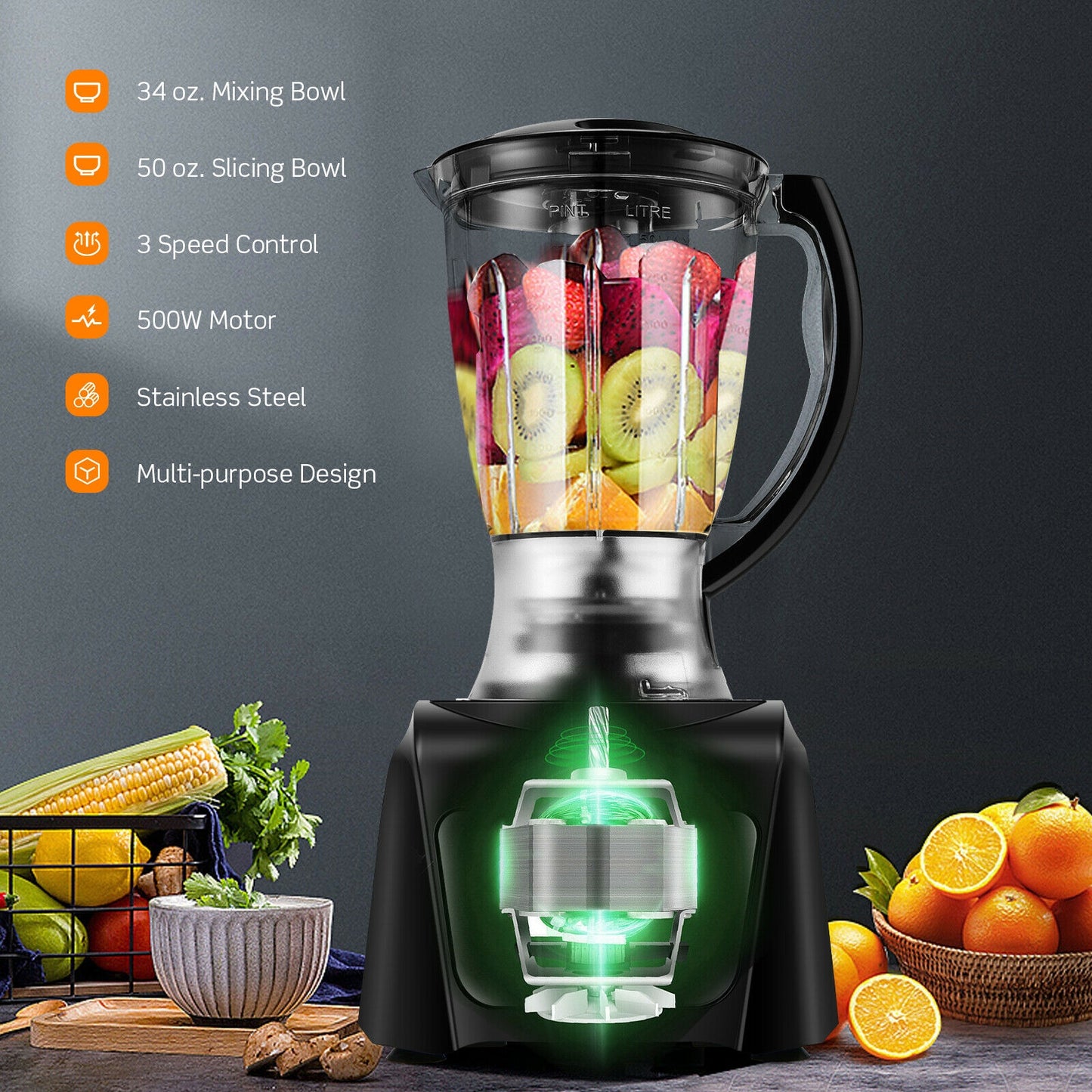 500W Multifunctional Food Processor with 3 Blades & 2 Speed Control