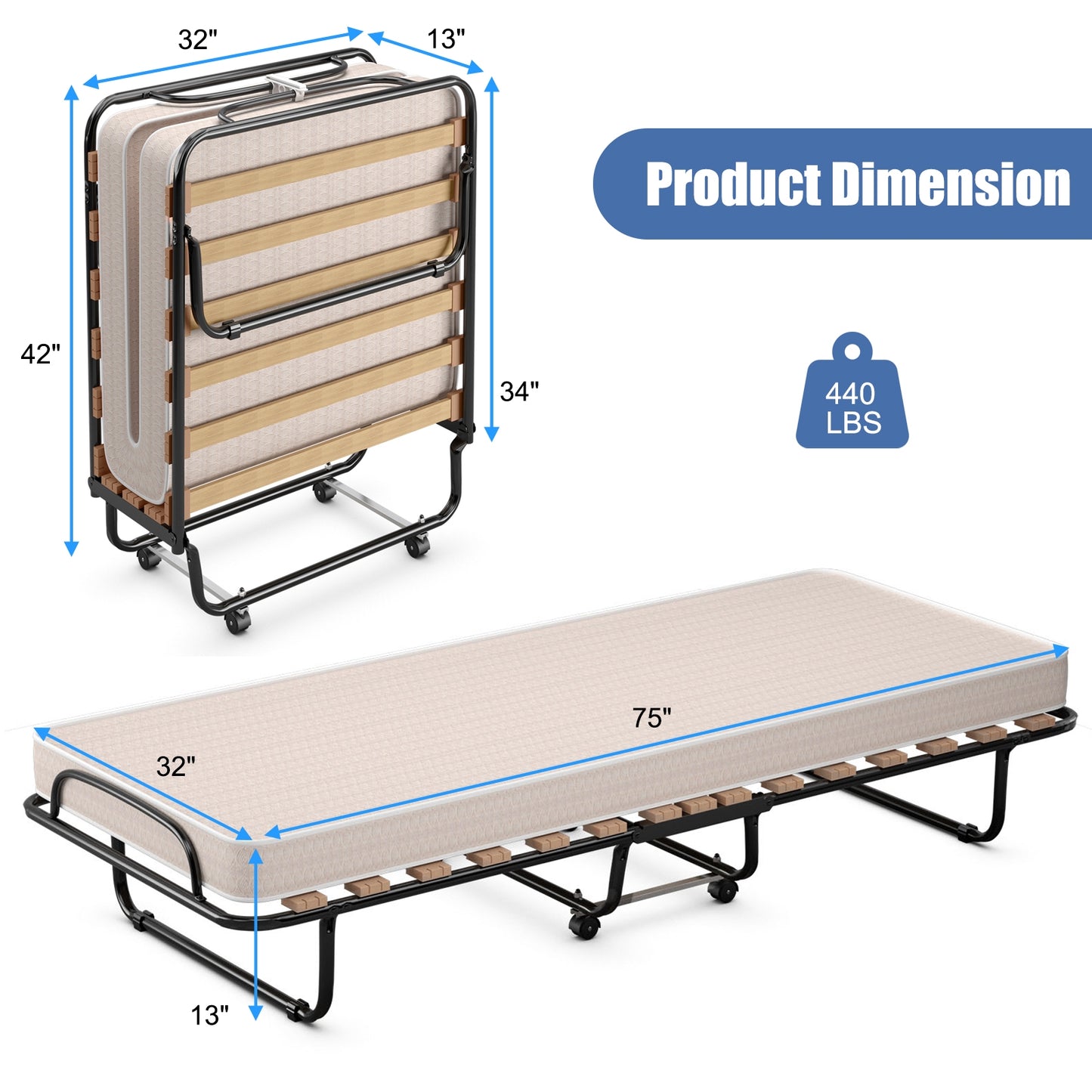 Portable Folding Bed with Memory Foam Mattress & Sturdy Metal Frame – Made in Italy (Beige)