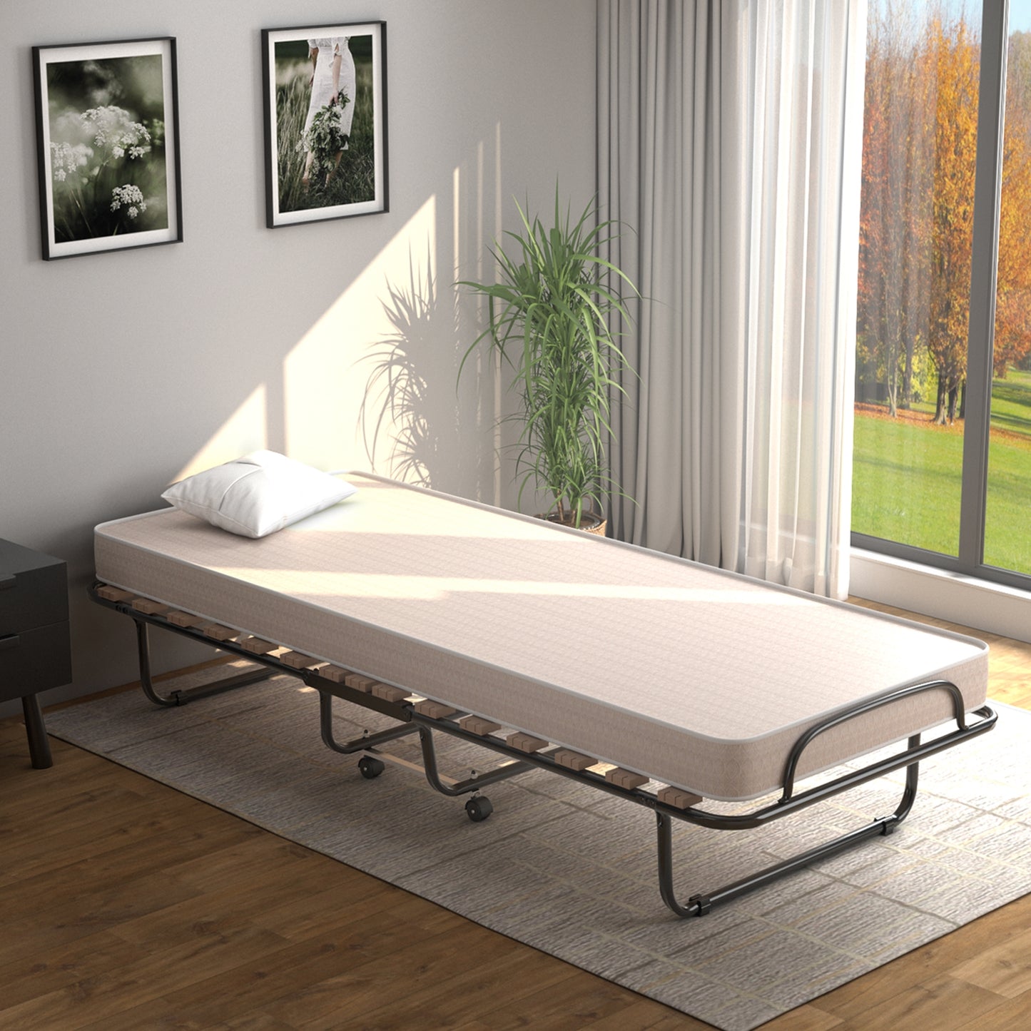 Portable Folding Bed with Memory Foam Mattress & Sturdy Metal Frame – Made in Italy (Beige)