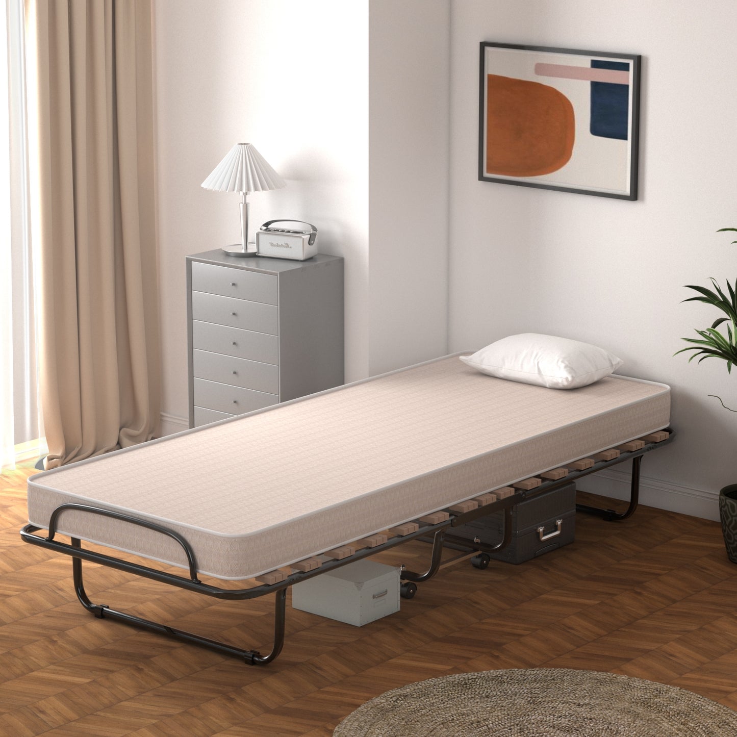 Portable Folding Bed with Memory Foam Mattress & Sturdy Metal Frame – Made in Italy (Beige)