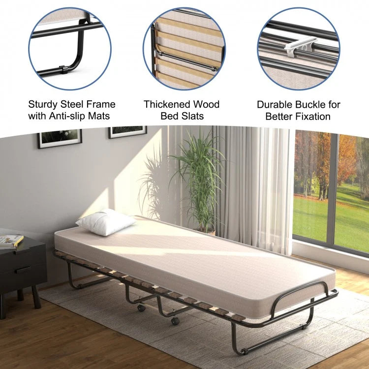 Portable Folding Bed with Memory Foam Mattress & Sturdy Metal Frame – Made in Italy (Beige)