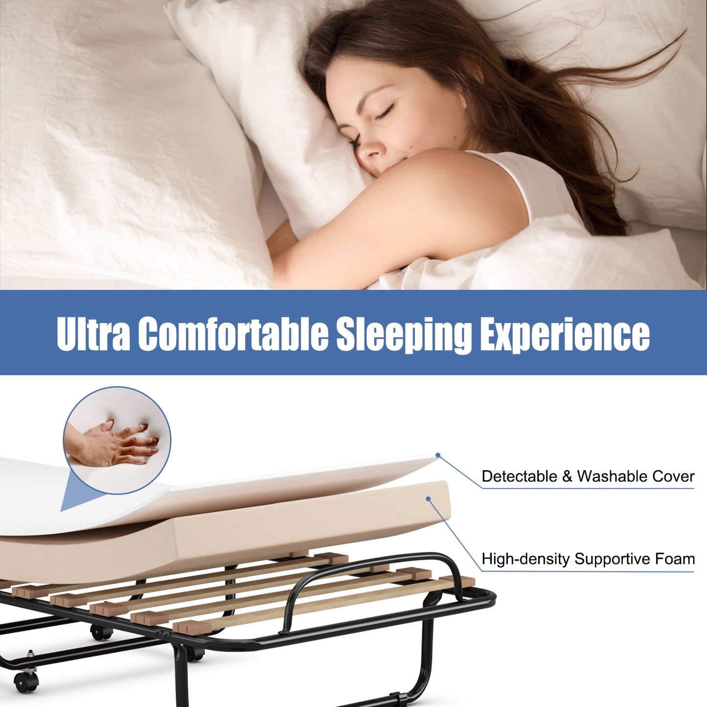 Portable Folding Bed with Memory Foam Mattress & Sturdy Metal Frame – Made in Italy (Beige)
