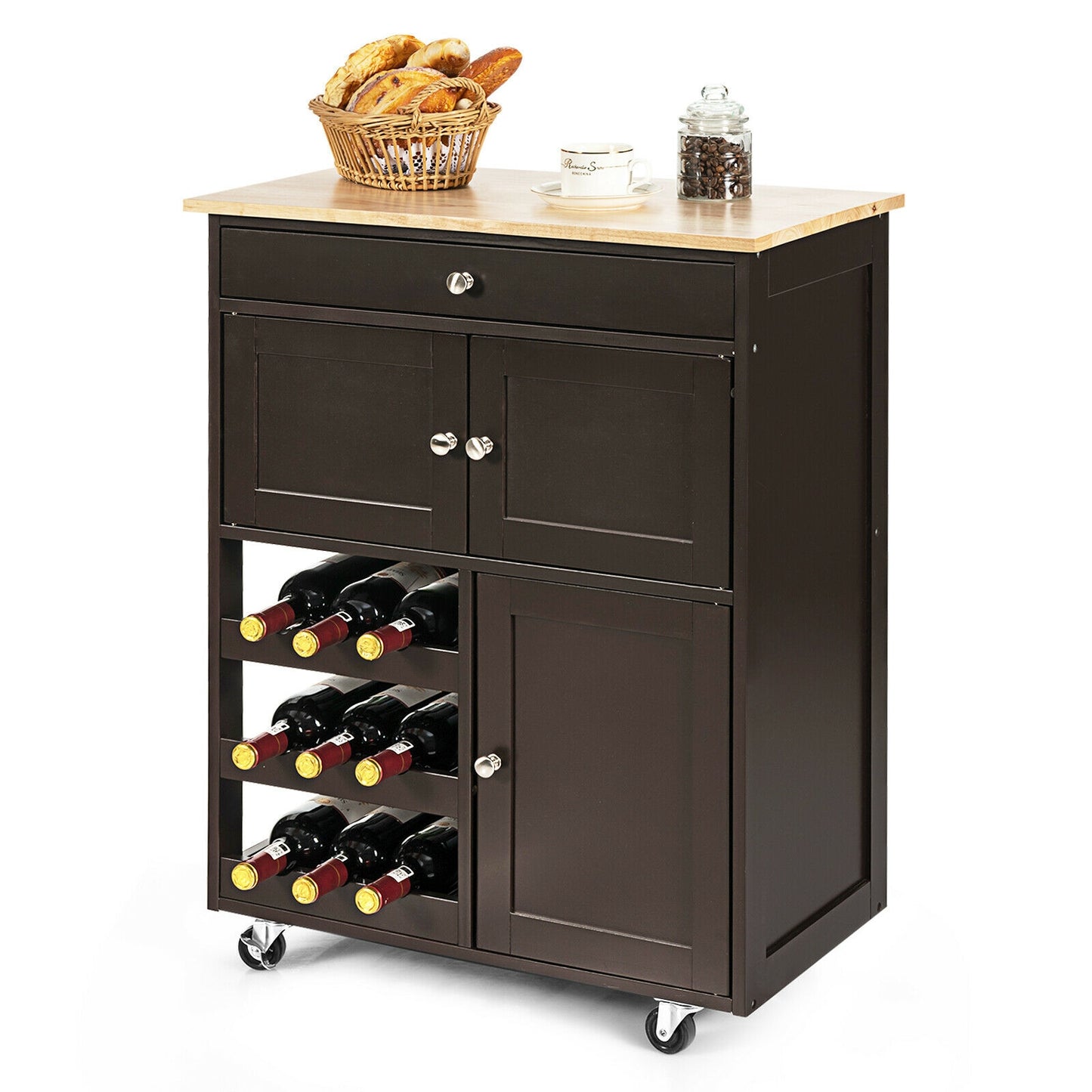 Rolling Kitchen Island Cart with Rubber Wood Top, Wine Rack, Drawer and Storage Cabinets - Brown