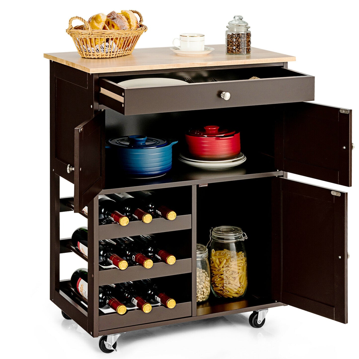 Rolling Kitchen Island Cart with Rubber Wood Top, Wine Rack, Drawer and Storage Cabinets - Brown