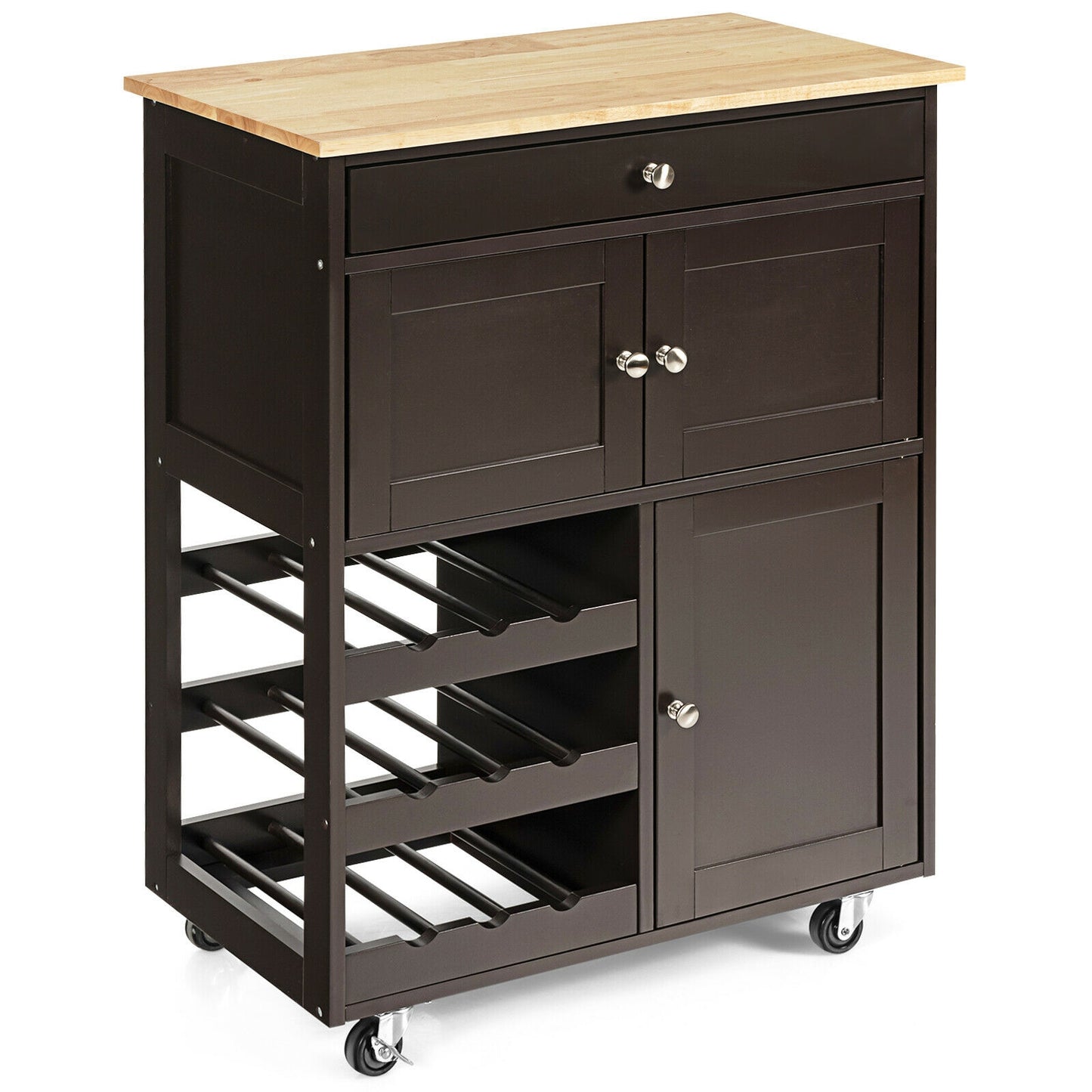 Rolling Kitchen Island Cart with Rubber Wood Top, Wine Rack, Drawer and Storage Cabinets - Brown