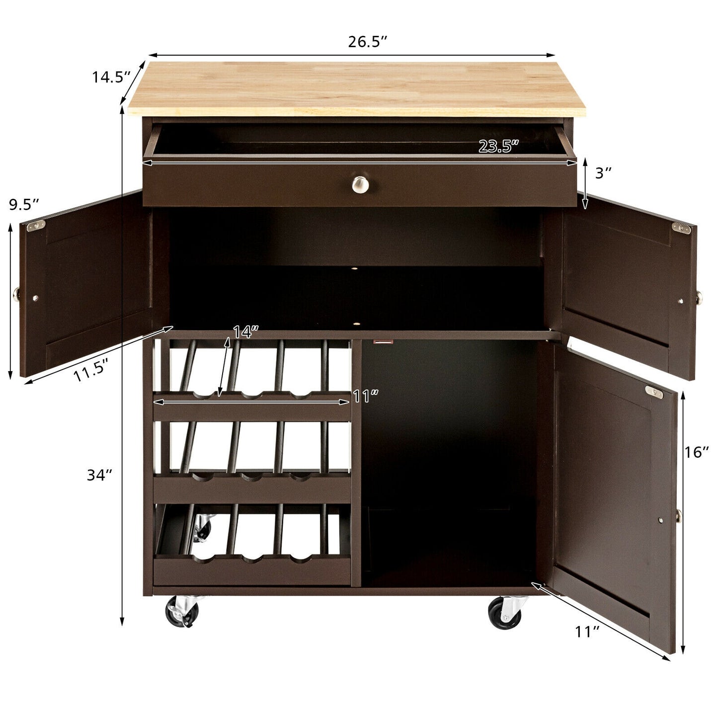 Rolling Kitchen Island Cart with Rubber Wood Top, Wine Rack, Drawer and Storage Cabinets - Brown