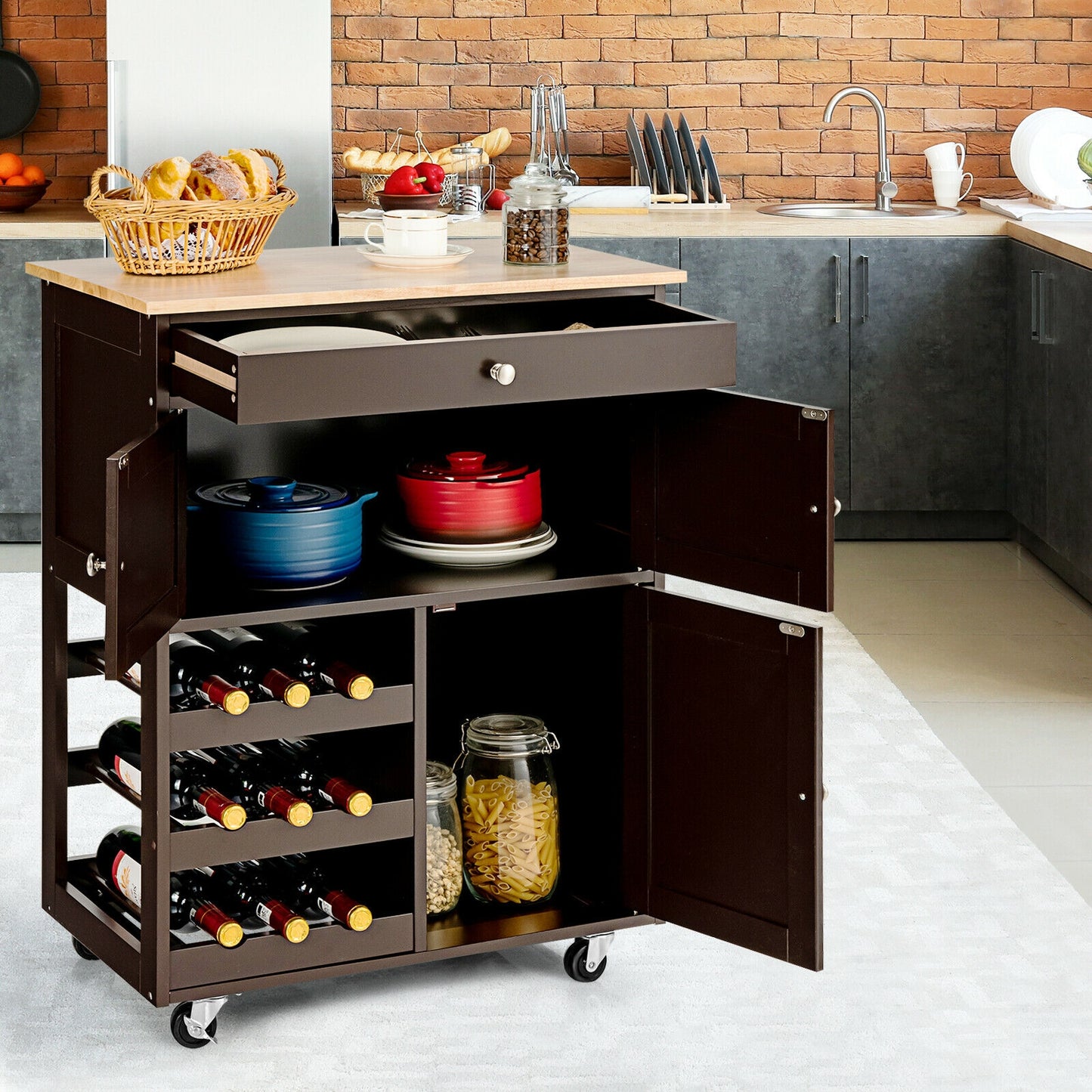 Rolling Kitchen Island Cart with Rubber Wood Top, Wine Rack, Drawer and Storage Cabinets - Brown