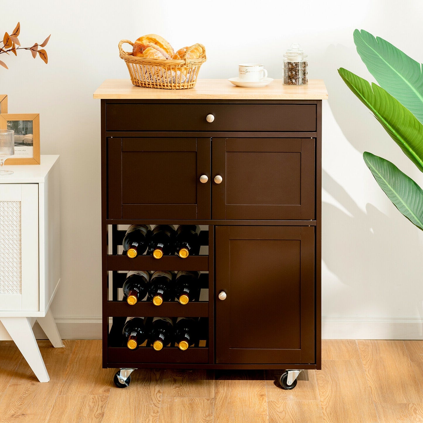 Rolling Kitchen Island Cart with Rubber Wood Top, Wine Rack, Drawer and Storage Cabinets - Brown
