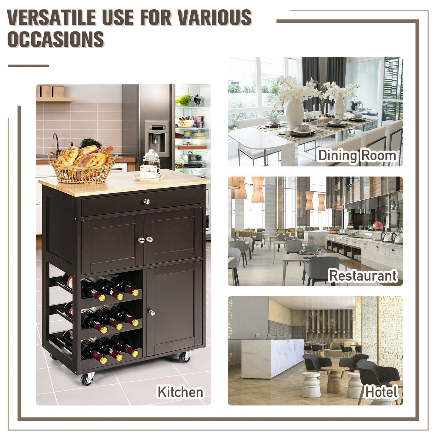 Rolling Kitchen Island Cart with Rubber Wood Top, Wine Rack, Drawer and Storage Cabinets - Brown