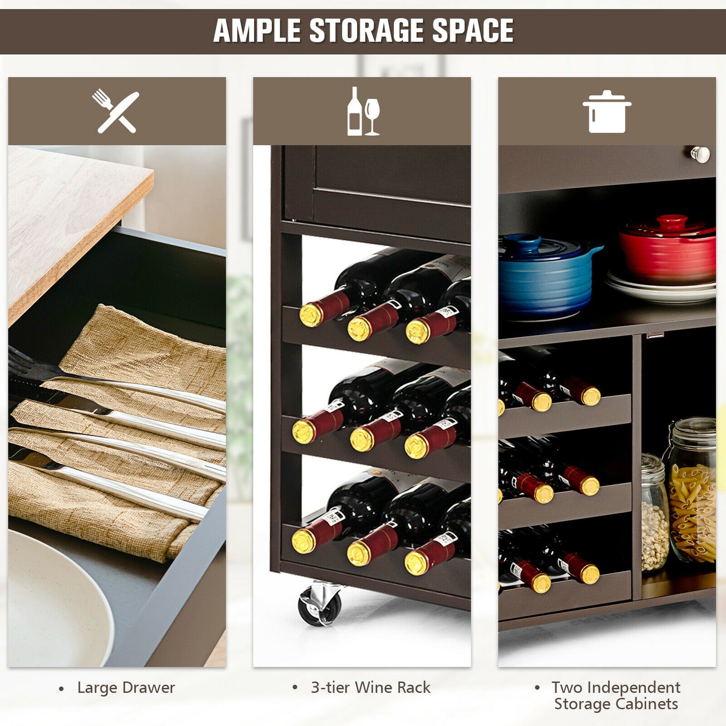 Rolling Kitchen Island Cart with Rubber Wood Top, Wine Rack, Drawer and Storage Cabinets - Brown