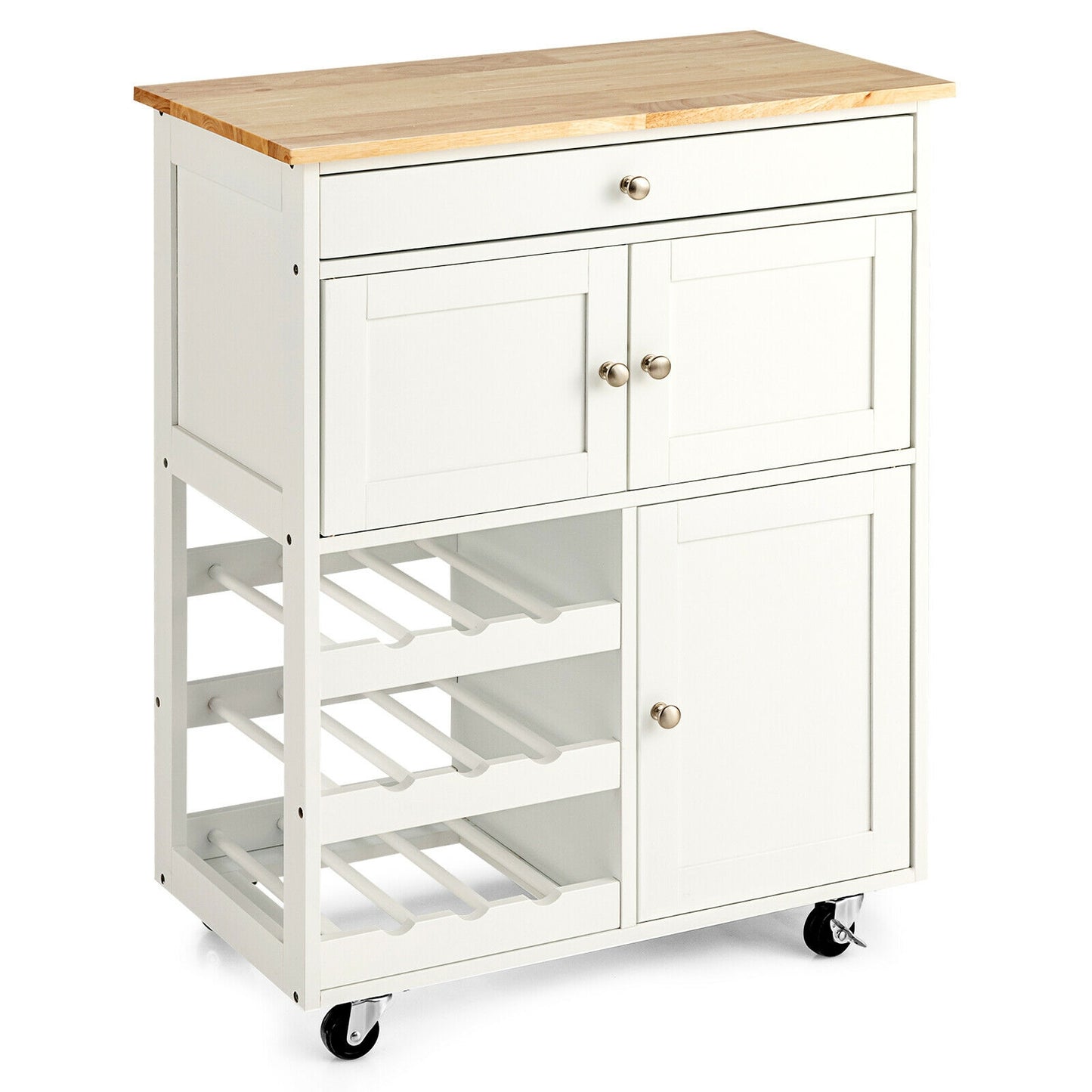Rolling Kitchen Island Cart with Rubber Wood Top, Wine Rack, Drawer and Storage Cabinets - White